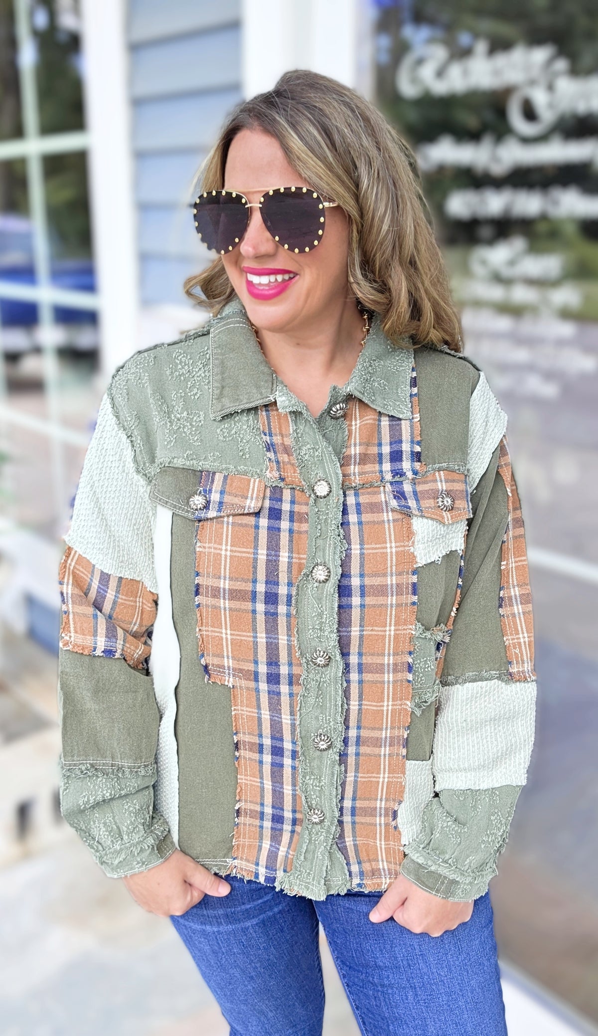 POL OLIVE/MUSTARD PLAID BUTTON UP JACKET
