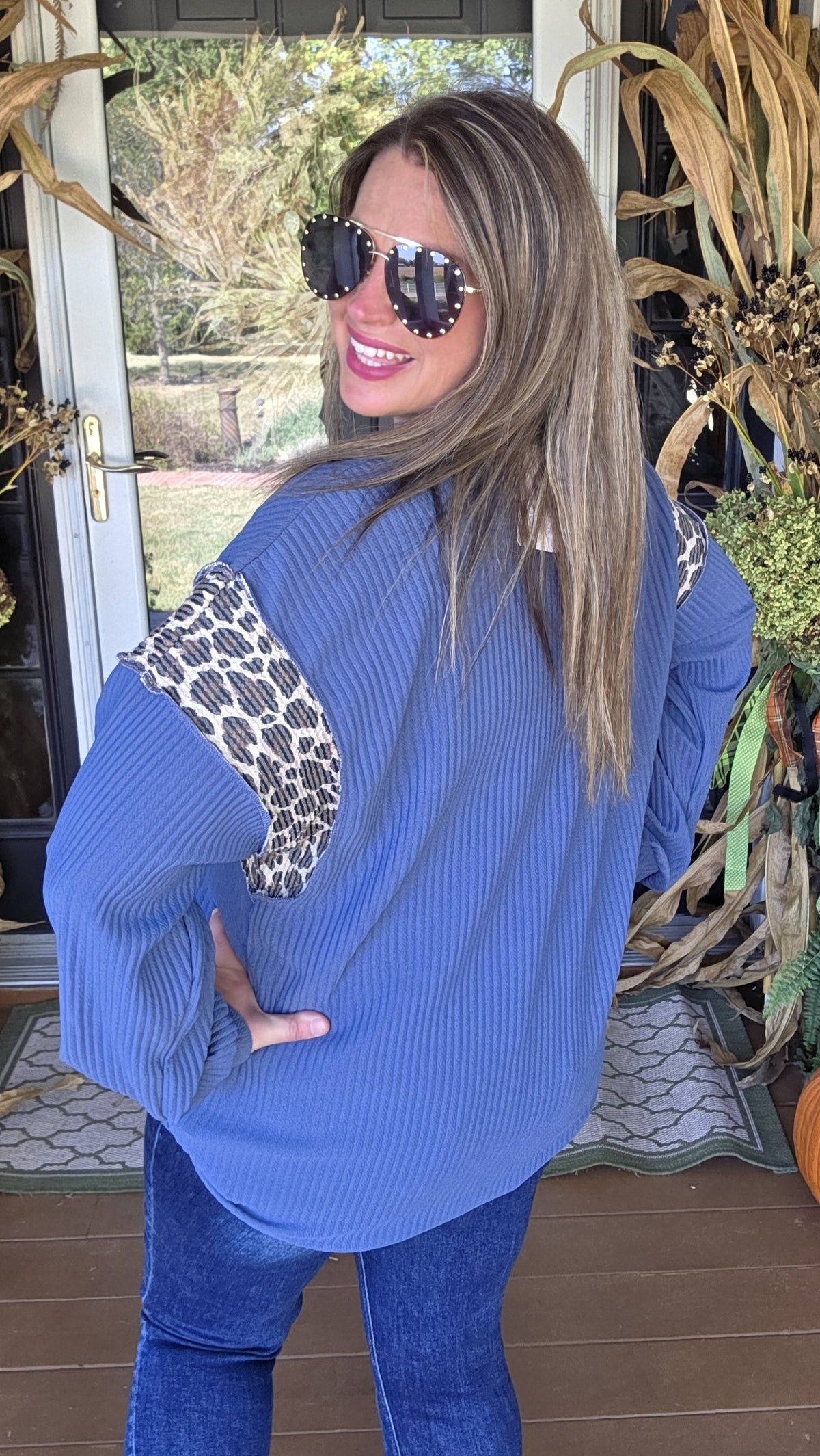 DENIM BLUE RIBBED LEOPARD CONTRAST KNIT TOP