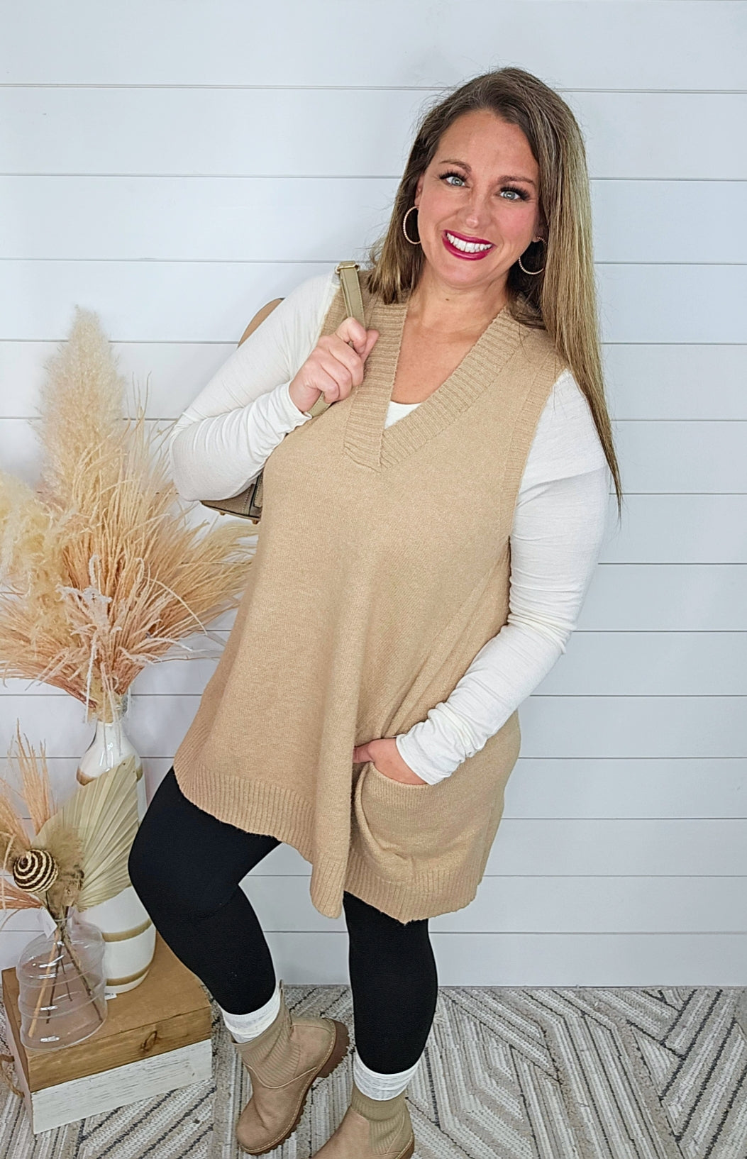 TAUPE OVERSIZED SWEATER VEST TUNIC W/ POCKETS