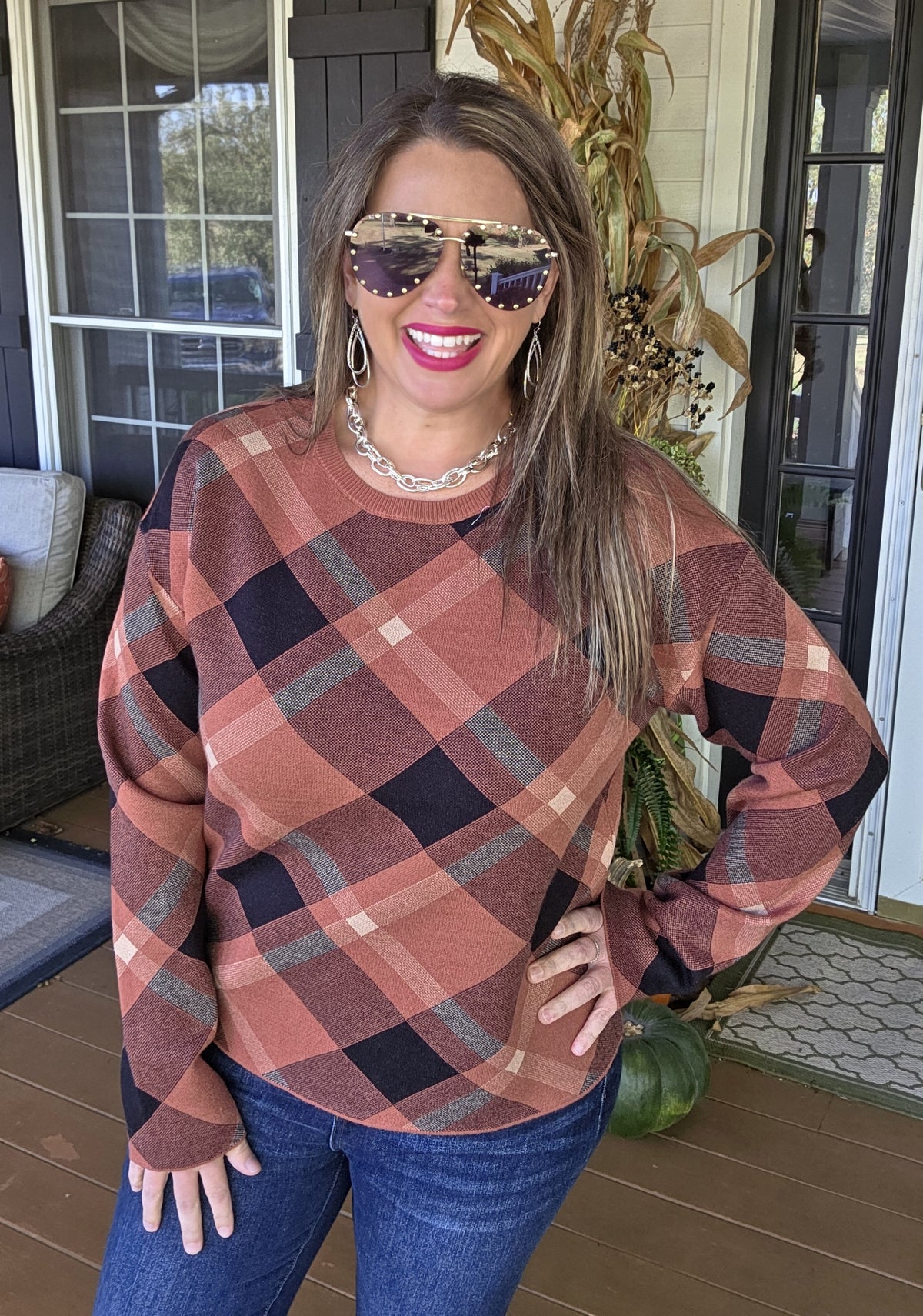 MARSALA CHECKER JACQUARD CREW NECK PULLOVER SWEATER