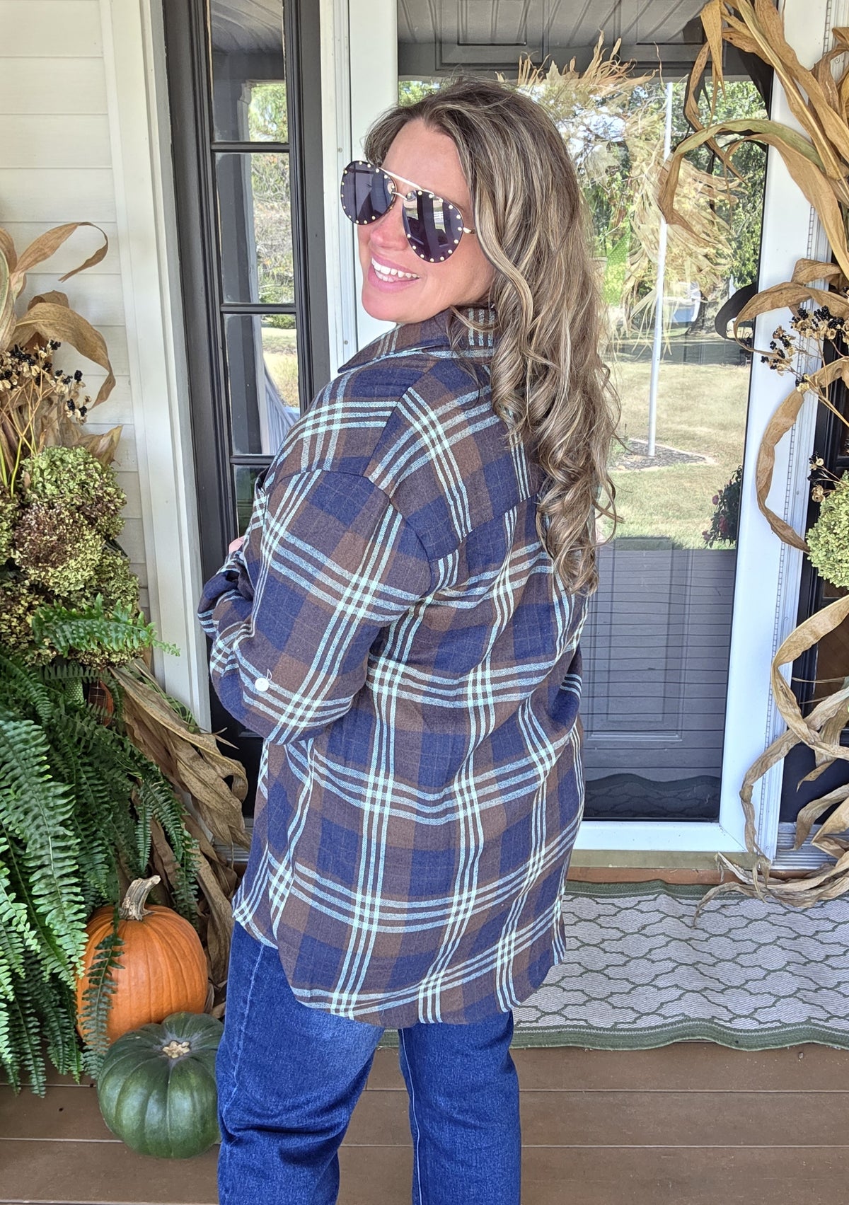BLUE/BROWN/TEAL CHECK BUTTON DOWN PLAID TOP