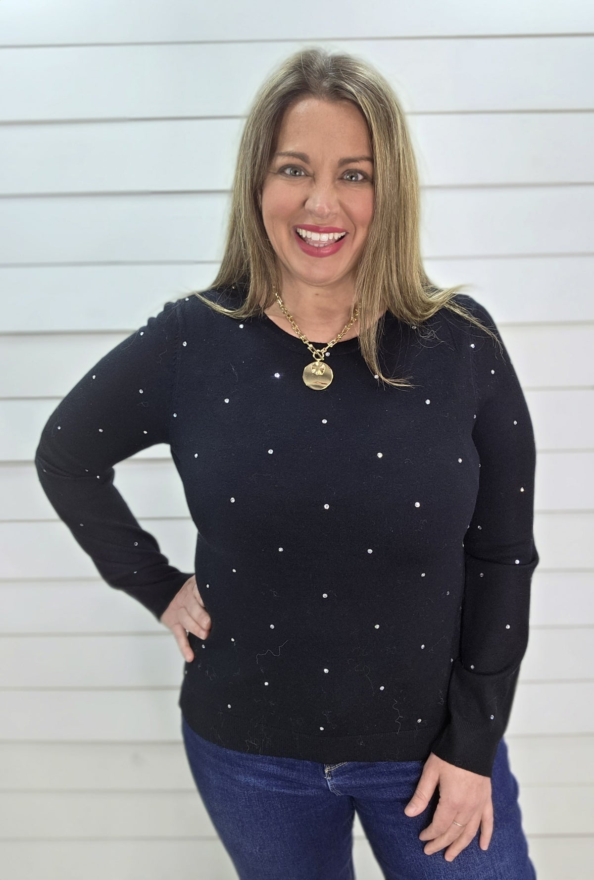 BLACK RHINESTONE LIGHT WEIGHT SWEATER