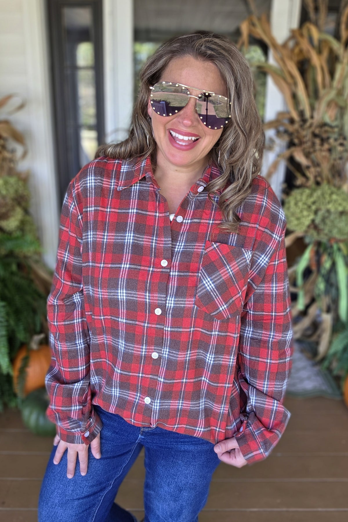 RED CHECK PLAID BUTTON DOWN FLANNEL