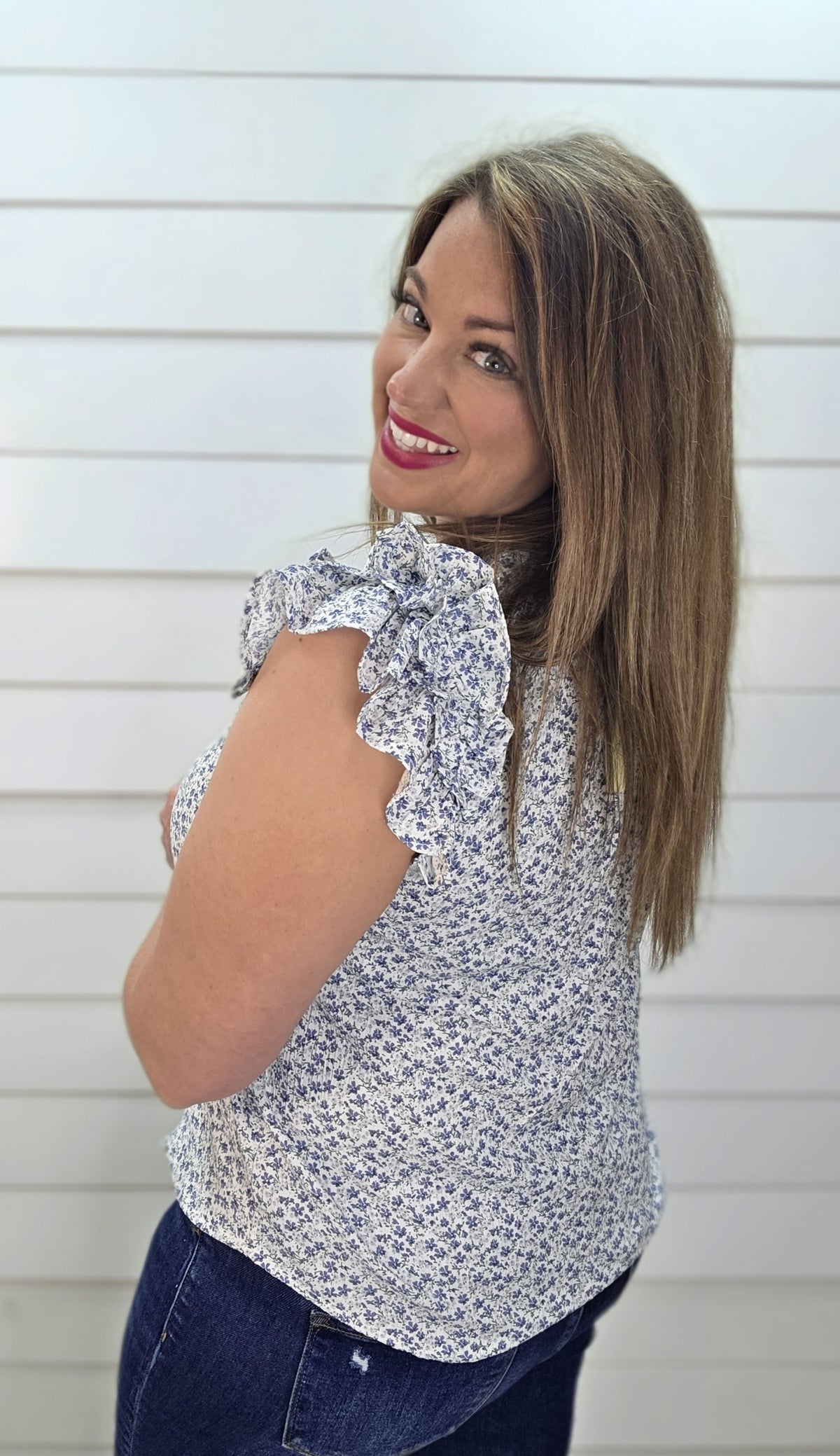 BLUE FLORAL Printed V-Neck Ruffle Cap Sleeve Blouse