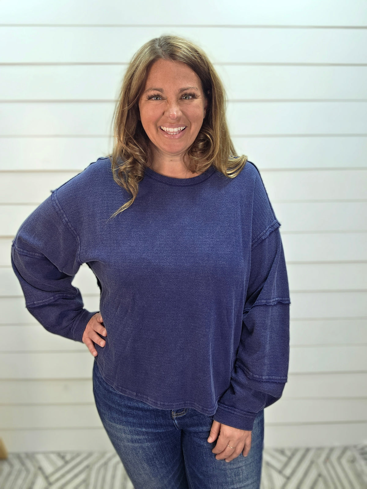 NAVY MINERAL WASH LONG SLEEVE KNIT FLOWY TOP