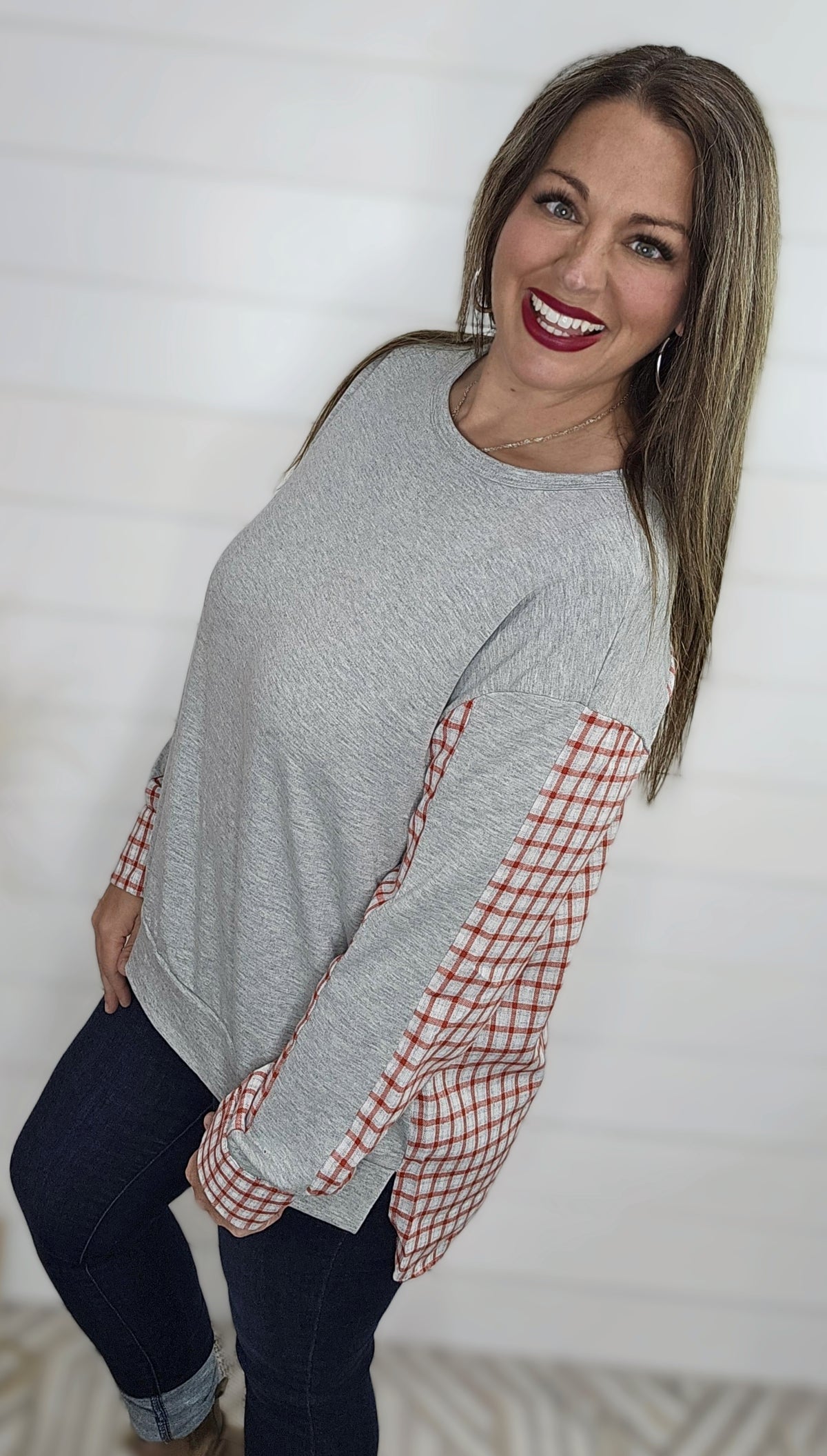 GREY FRENCH TERRY TOP W/ PLAID CONTRAST