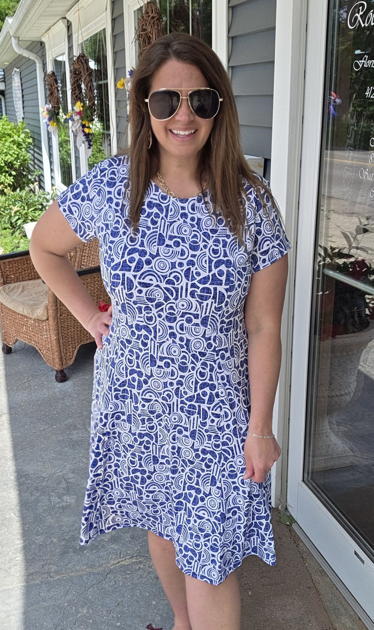 BLUE/WHITE GEO PRINTED KNIT DRESS