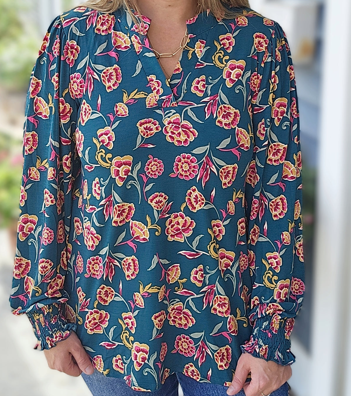 DEAR SCARLETT JEWEL GREEN FLORAL LONG SLEEVE SMOCKED LIZZY