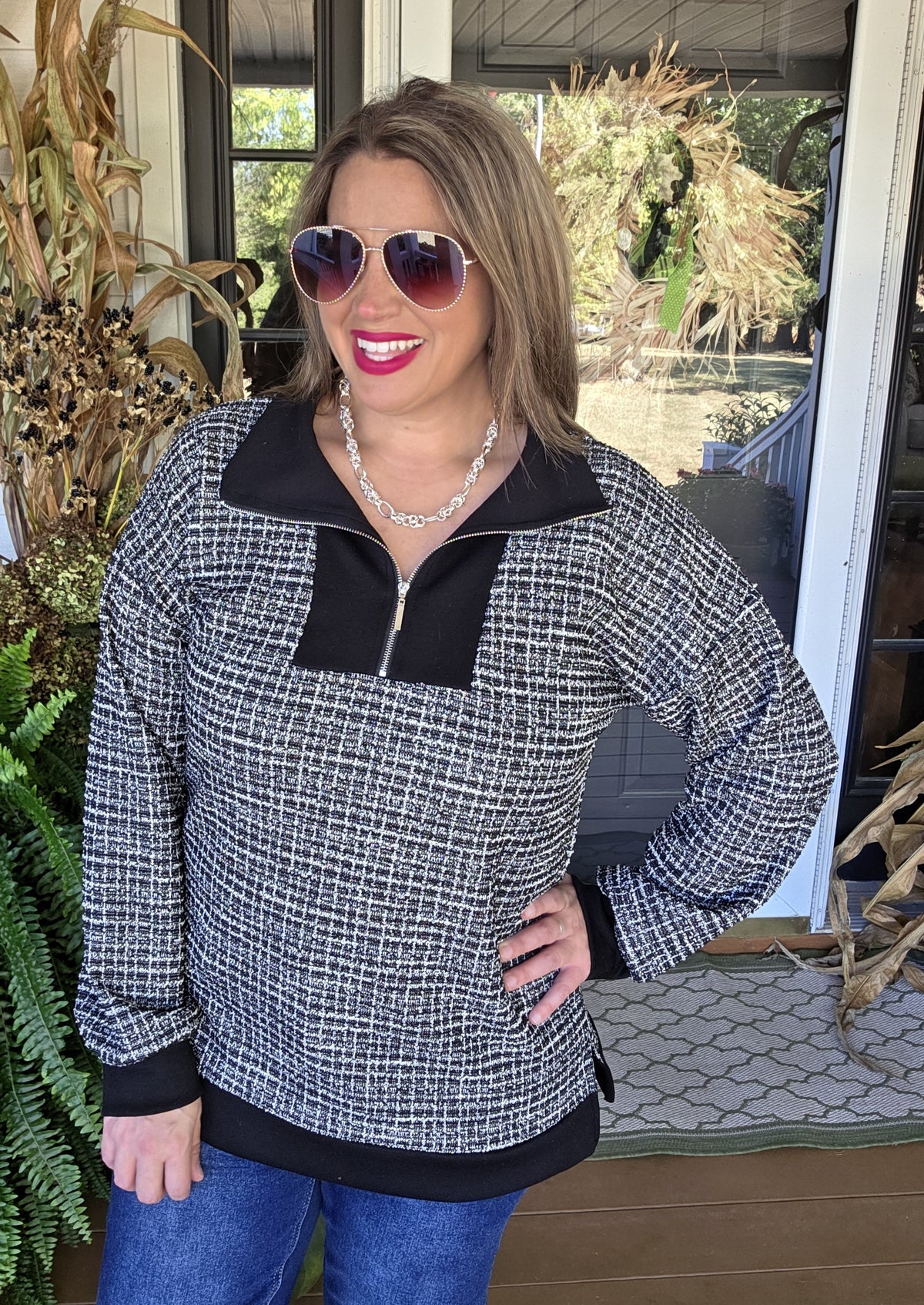 BLACK CHECK TWEED QUARTER ZIP PULLOVER