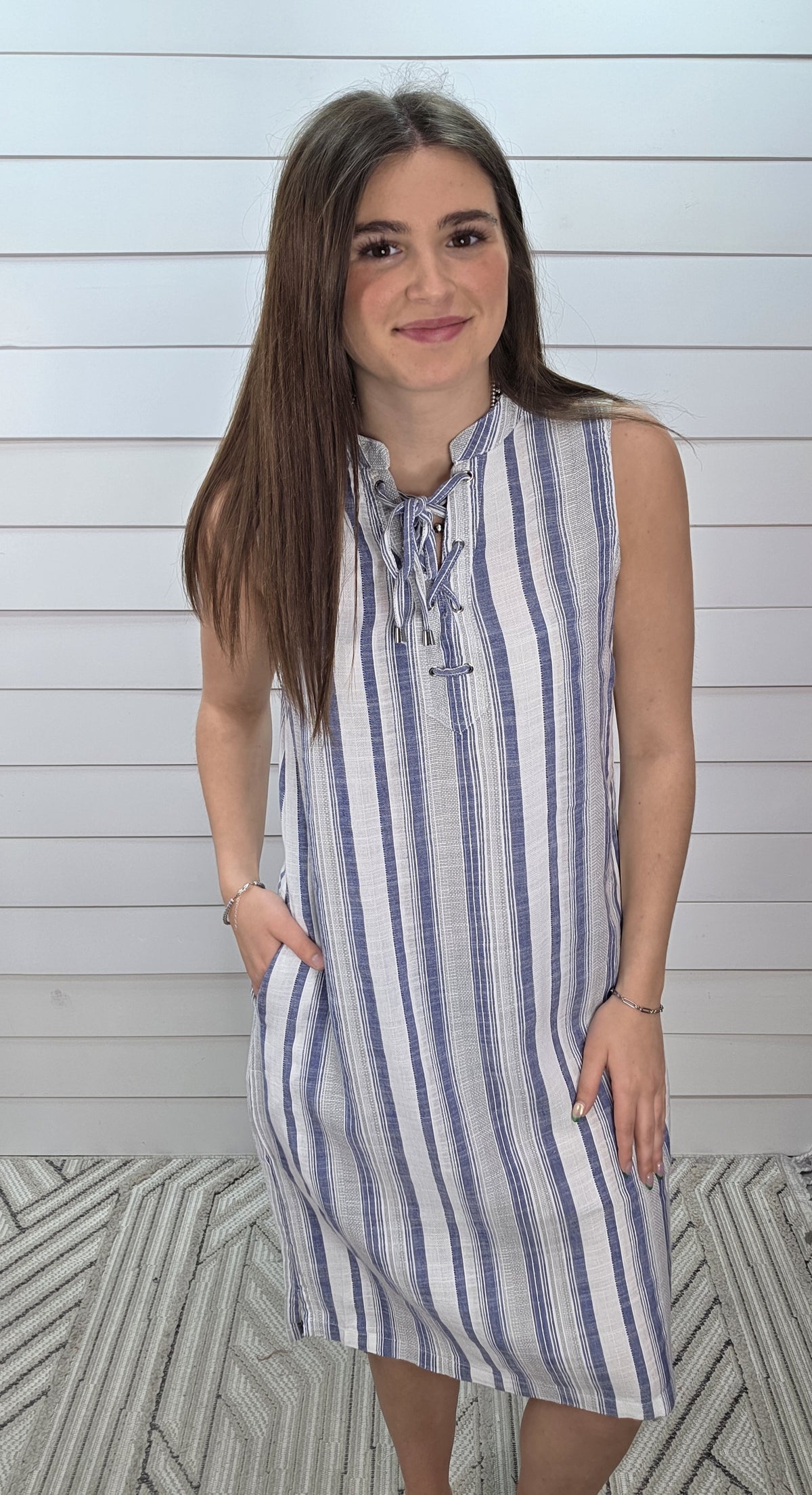 INDIGO STRIPED SLEEVELESS LACE UP DRESS