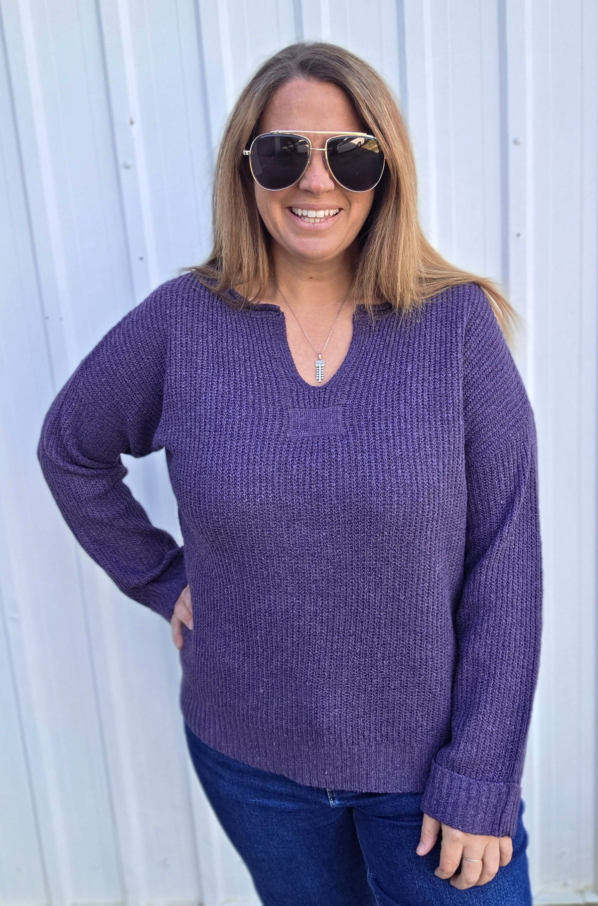 Eggplant Slit Neck With Patch Detail, Long Sleeve, Ribbed, Solid Sweater