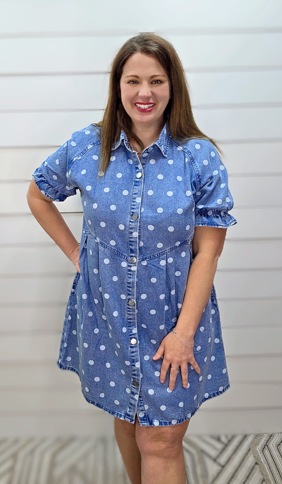 DENIM POLKADOT BUTTON DOWN DRESS