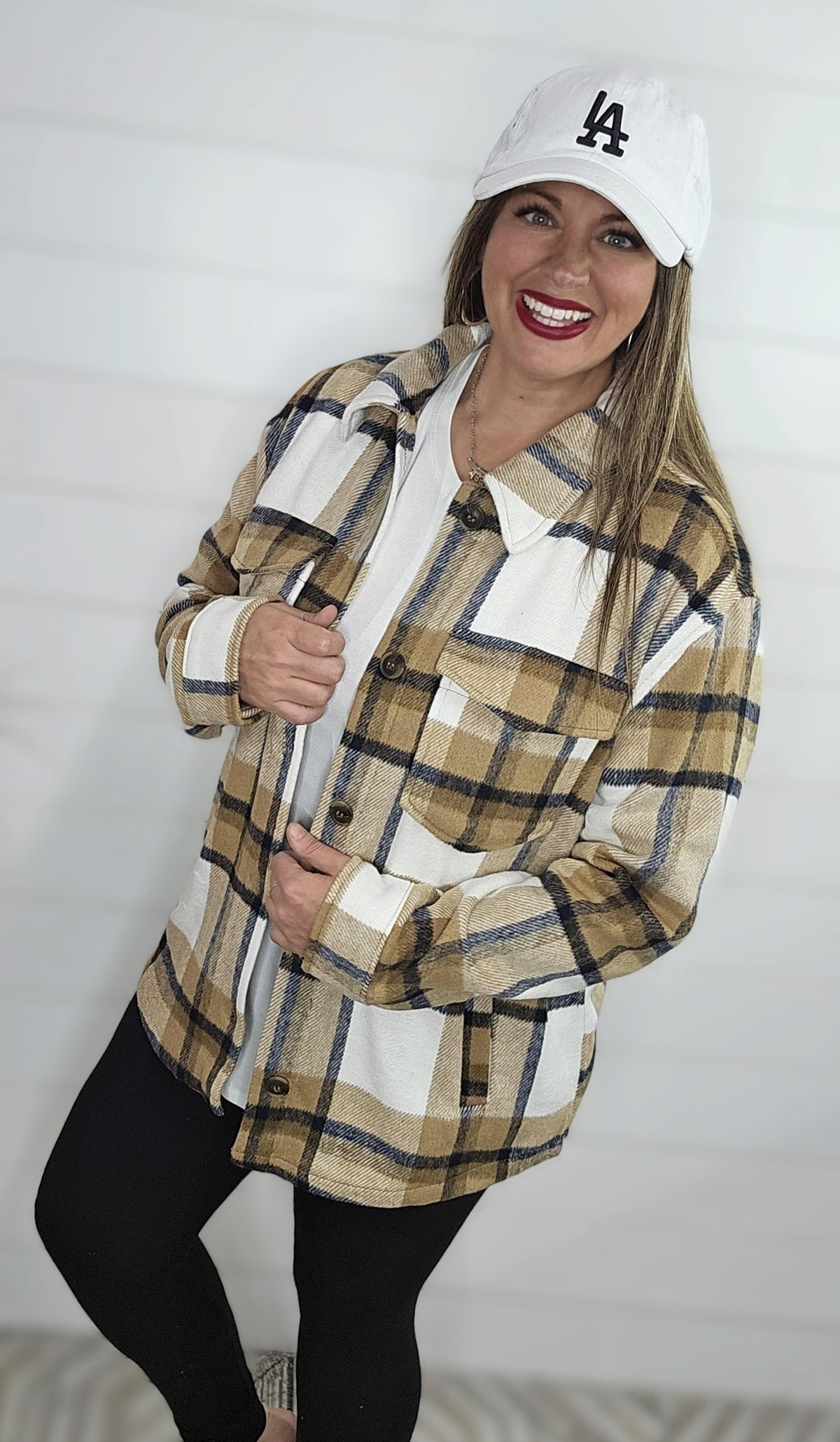 CAMEL/BLACK PLAID SHACKET