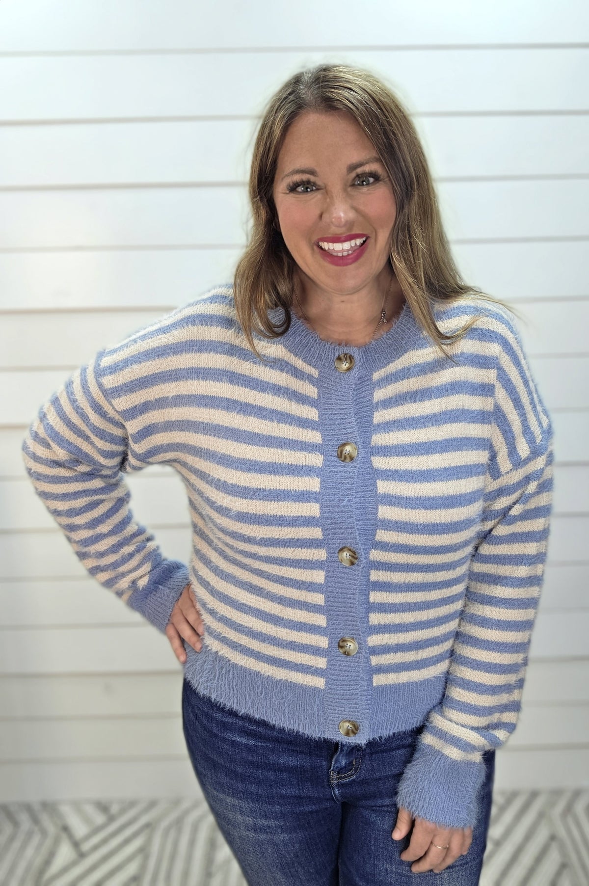 DUSY BLUE Stripe Round Neck Button Down Fuzzy Knit Cardigan
