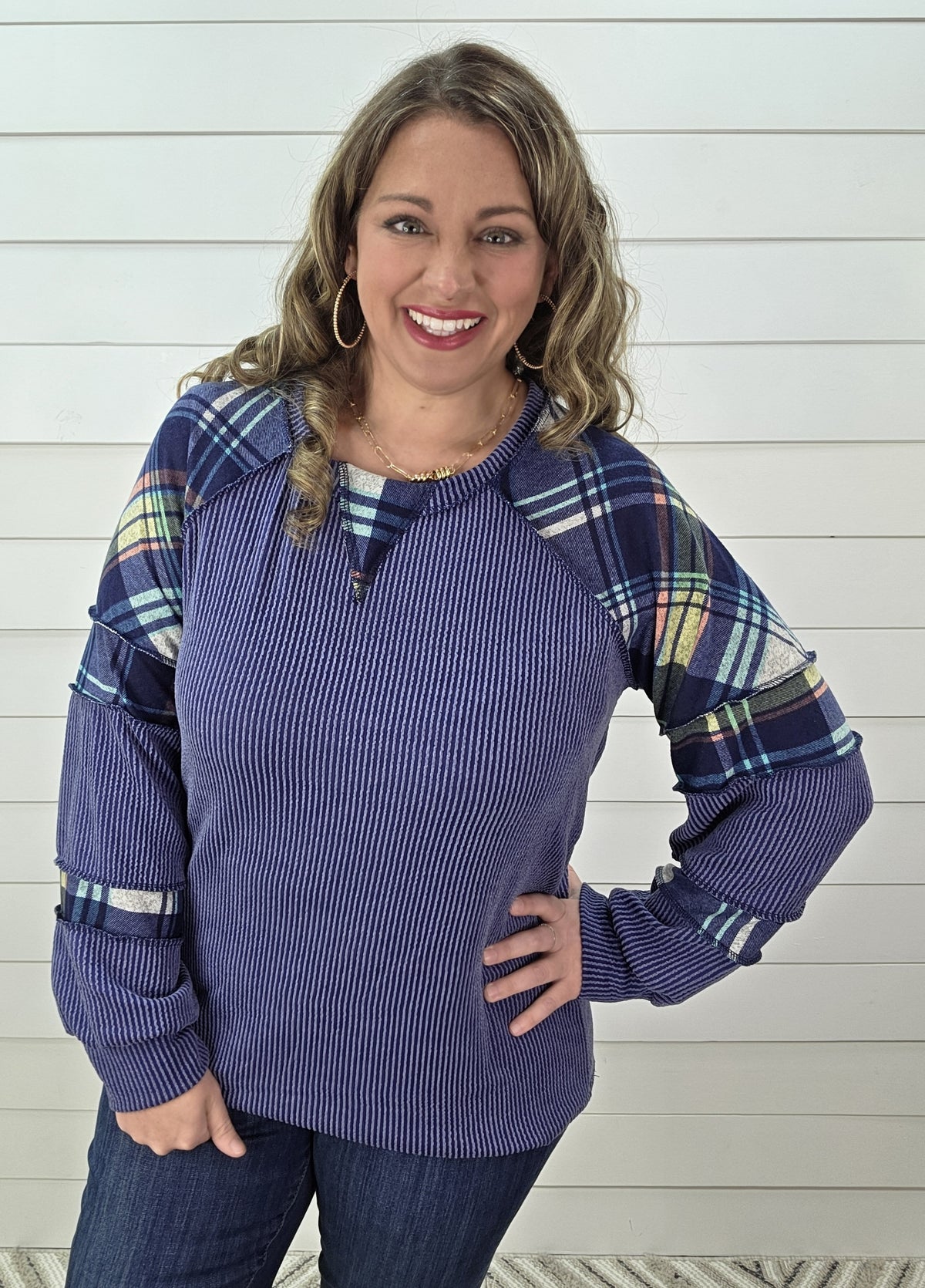 DENIM BLUE RAISED RIBBED/PLAID CONTRAST KNIT TOP