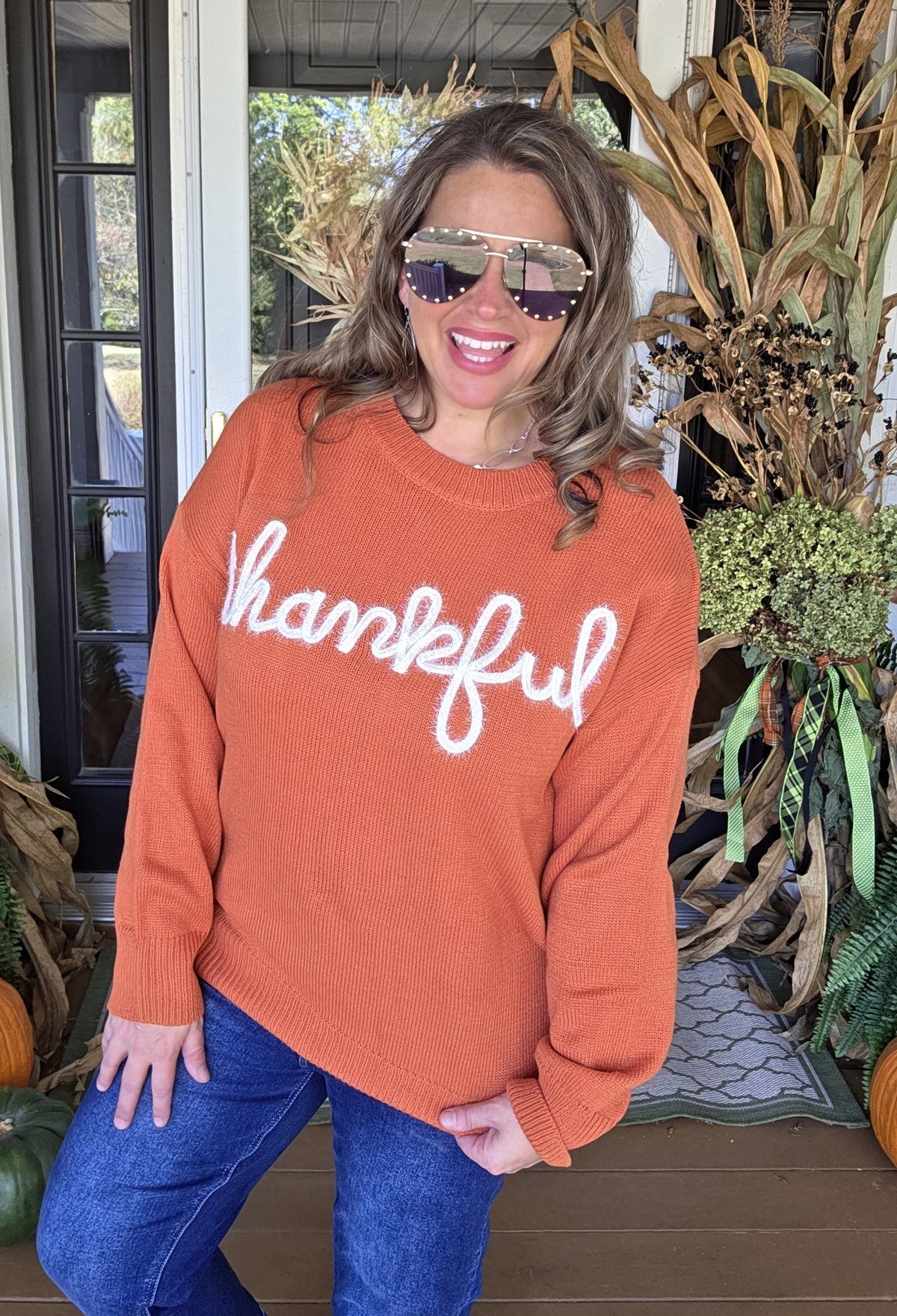 RUST/WHITE "THANKFUL" SWEATER