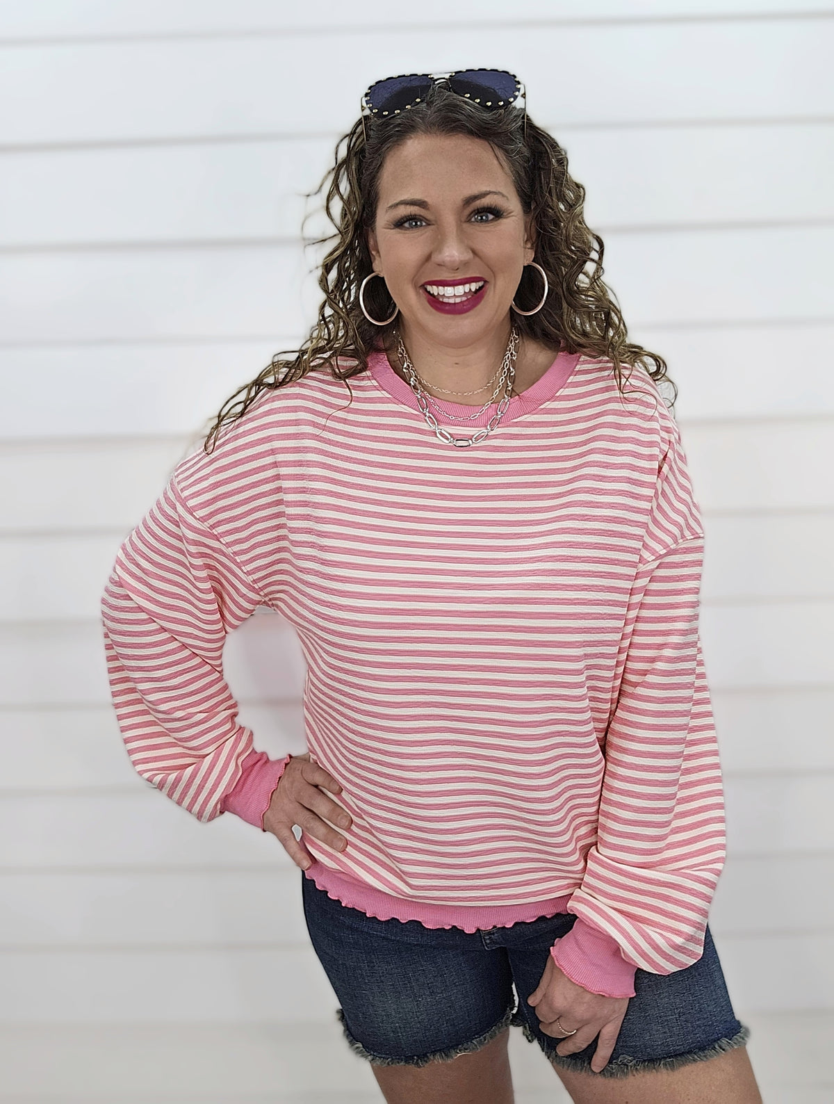 PINK STRIPED LOOSE KNIT LONG SLEEVE TOP