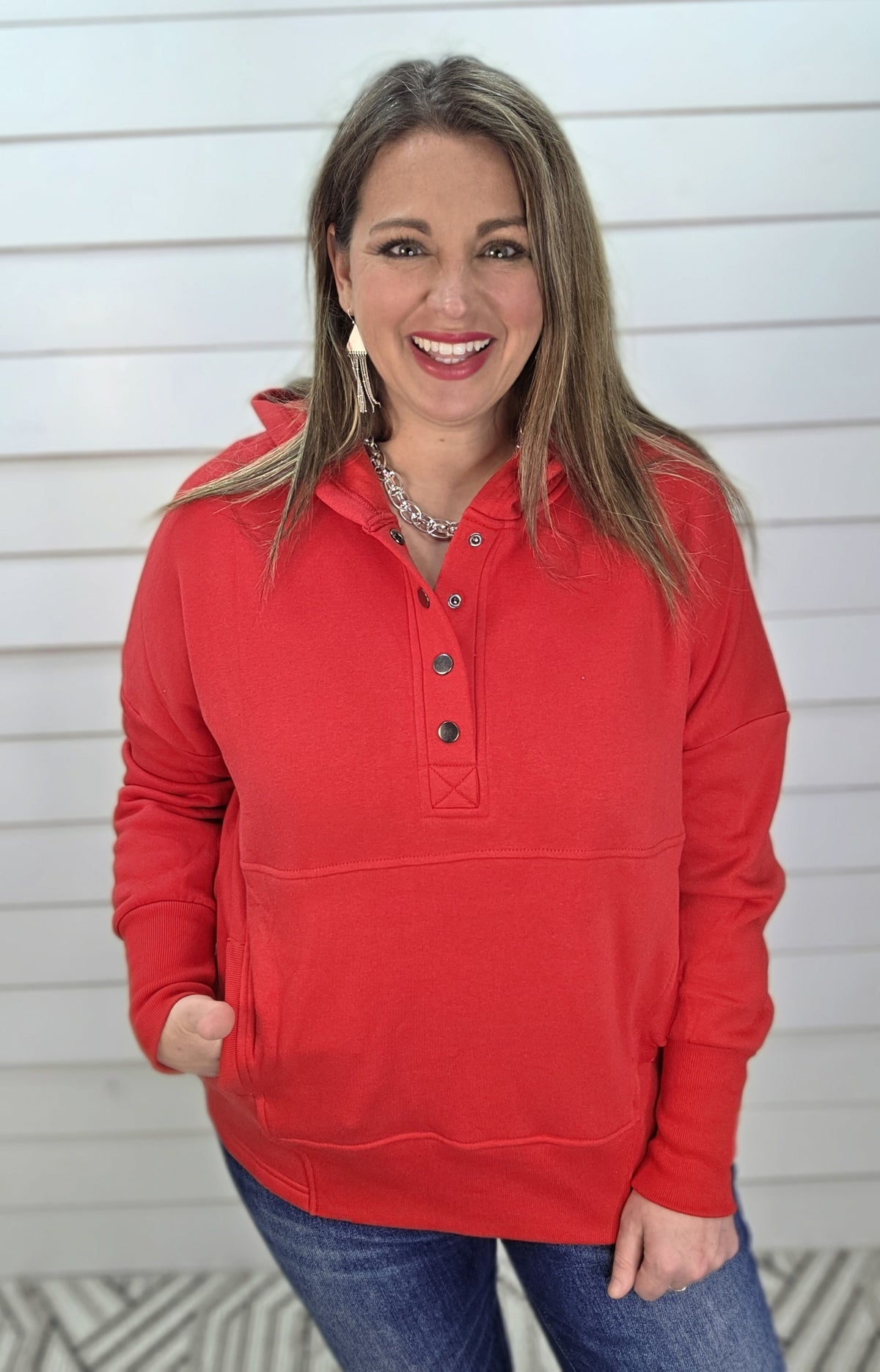 RED HENLEY HOODIE WITH KANGAOO POCKET