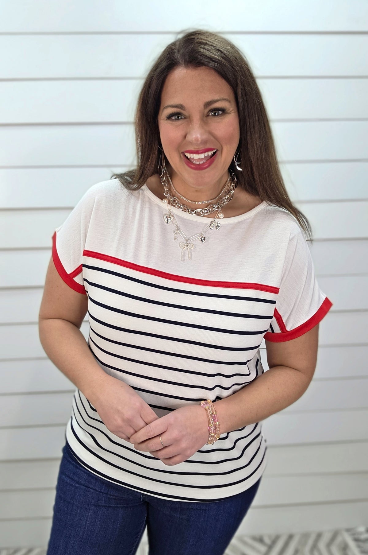 IVORY/NAVY STRIPED COLORBLOCK TOP W/ RED TRIM