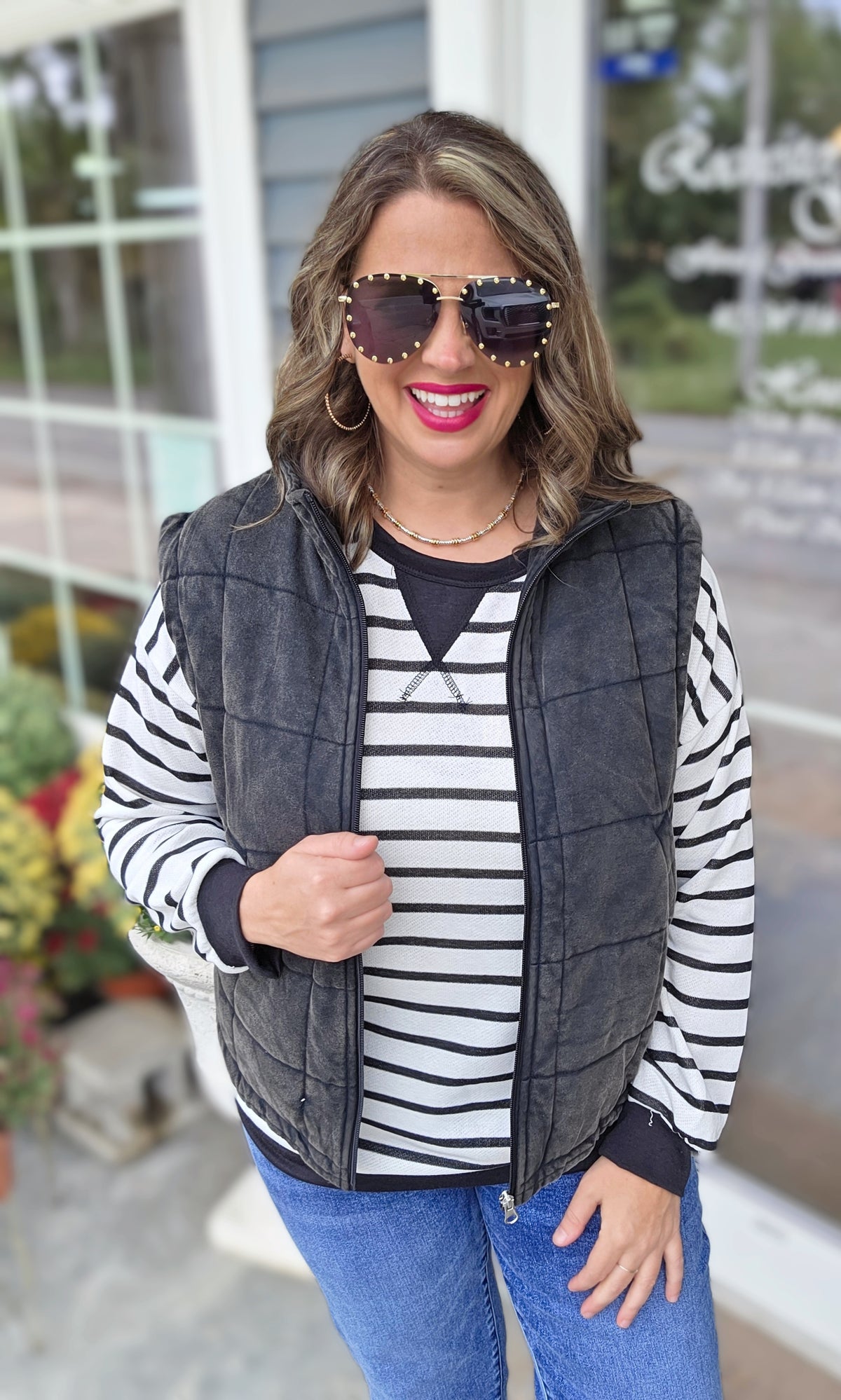 OFF WHITE/BLACK STRIPED FRENCH TERRY KNIT TOP