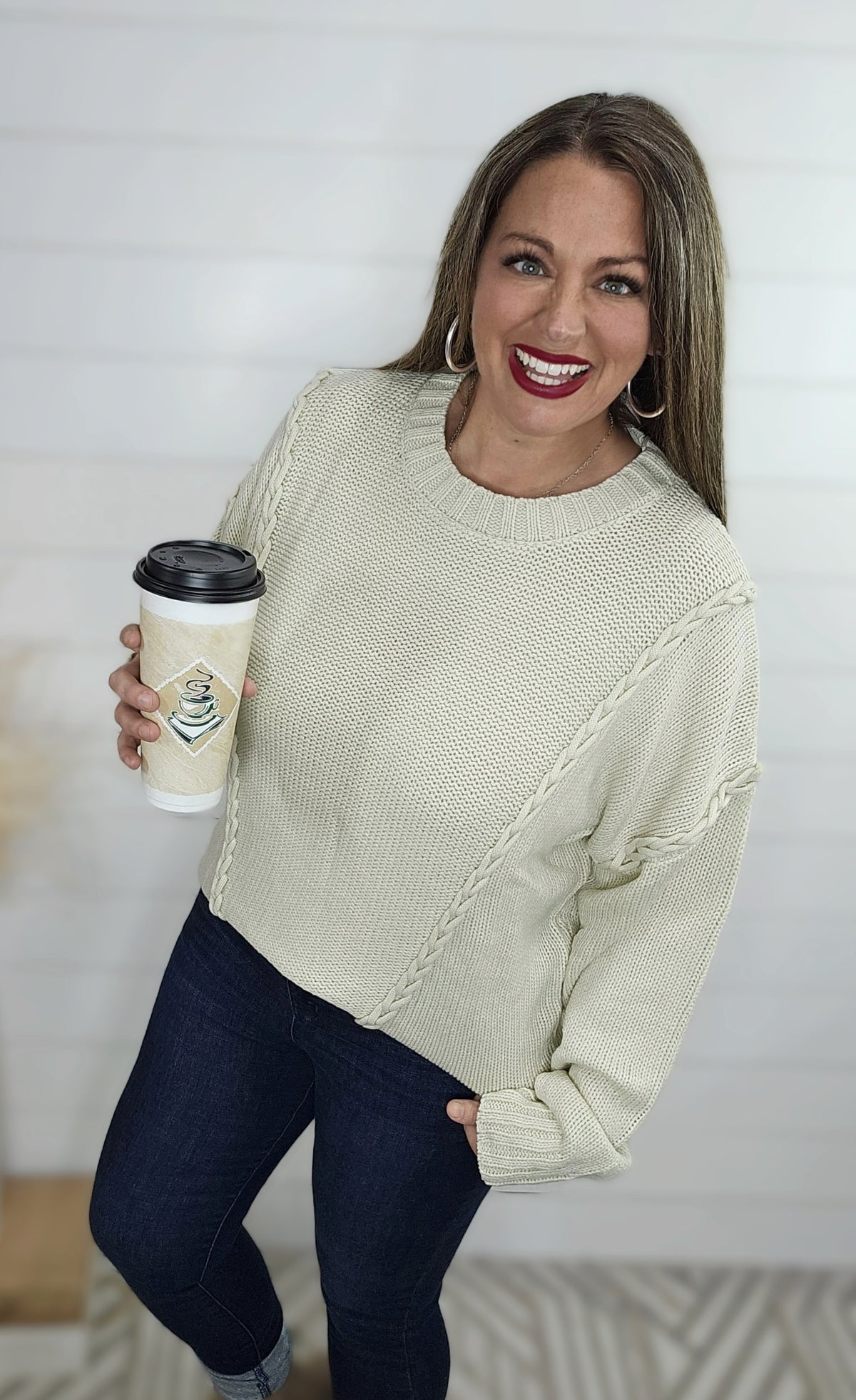 OATMEAL BRAID TRIM SWEATER