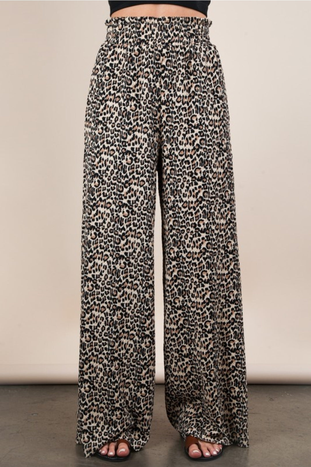 LEOPARD ELASTIC WAISTBAND HI WAISTED PLEATED PANTS