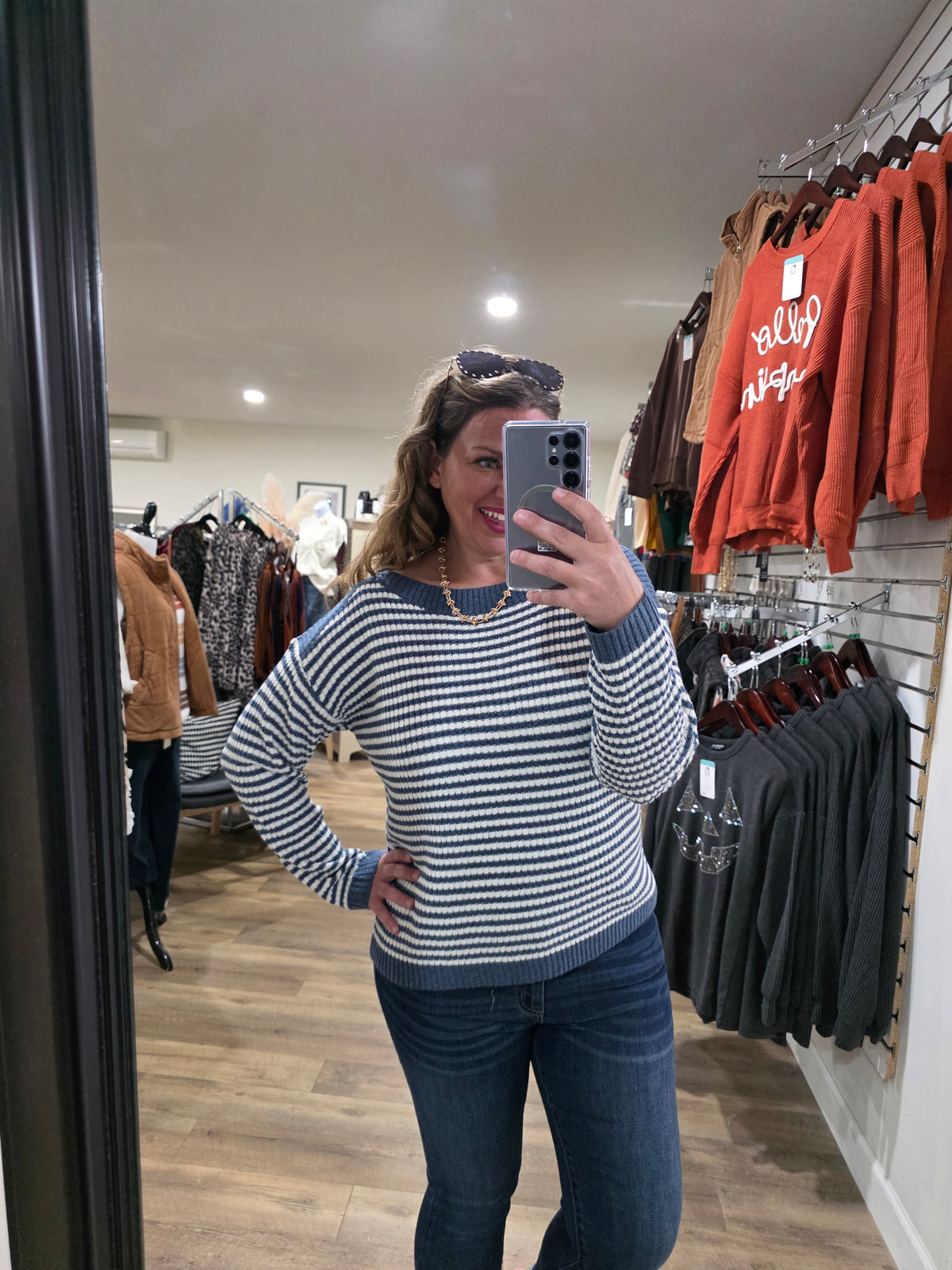 DENIM STRIPED BOAT NECK PULLOVER SWEATER