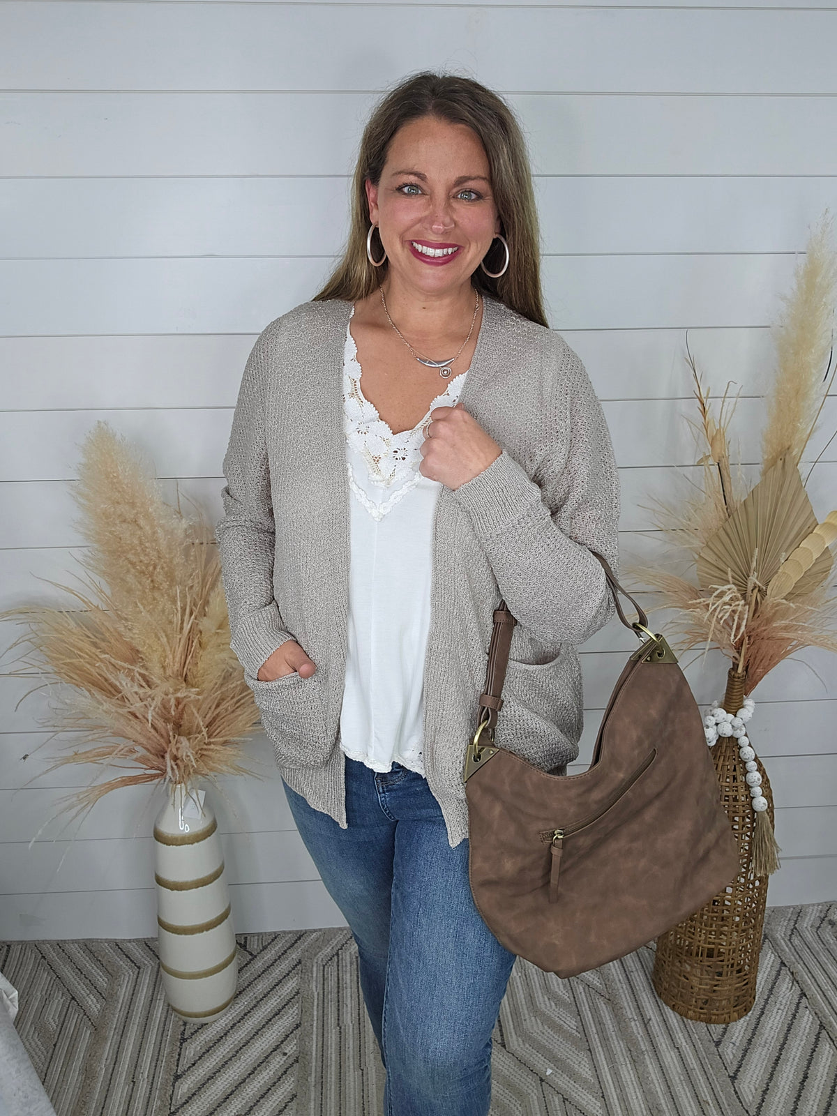 PEBBLE OPEN FRONT CARDIGAN W/ DROP SHOULDER AND SIDE POCKETS