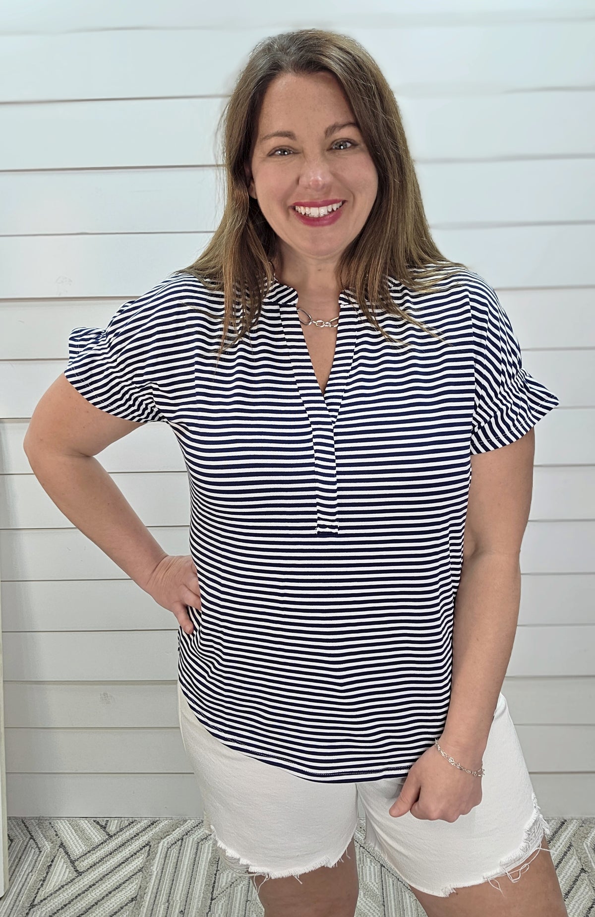NAVY STRIPED KNIT TOP W/ SMOCKED SLEEVE