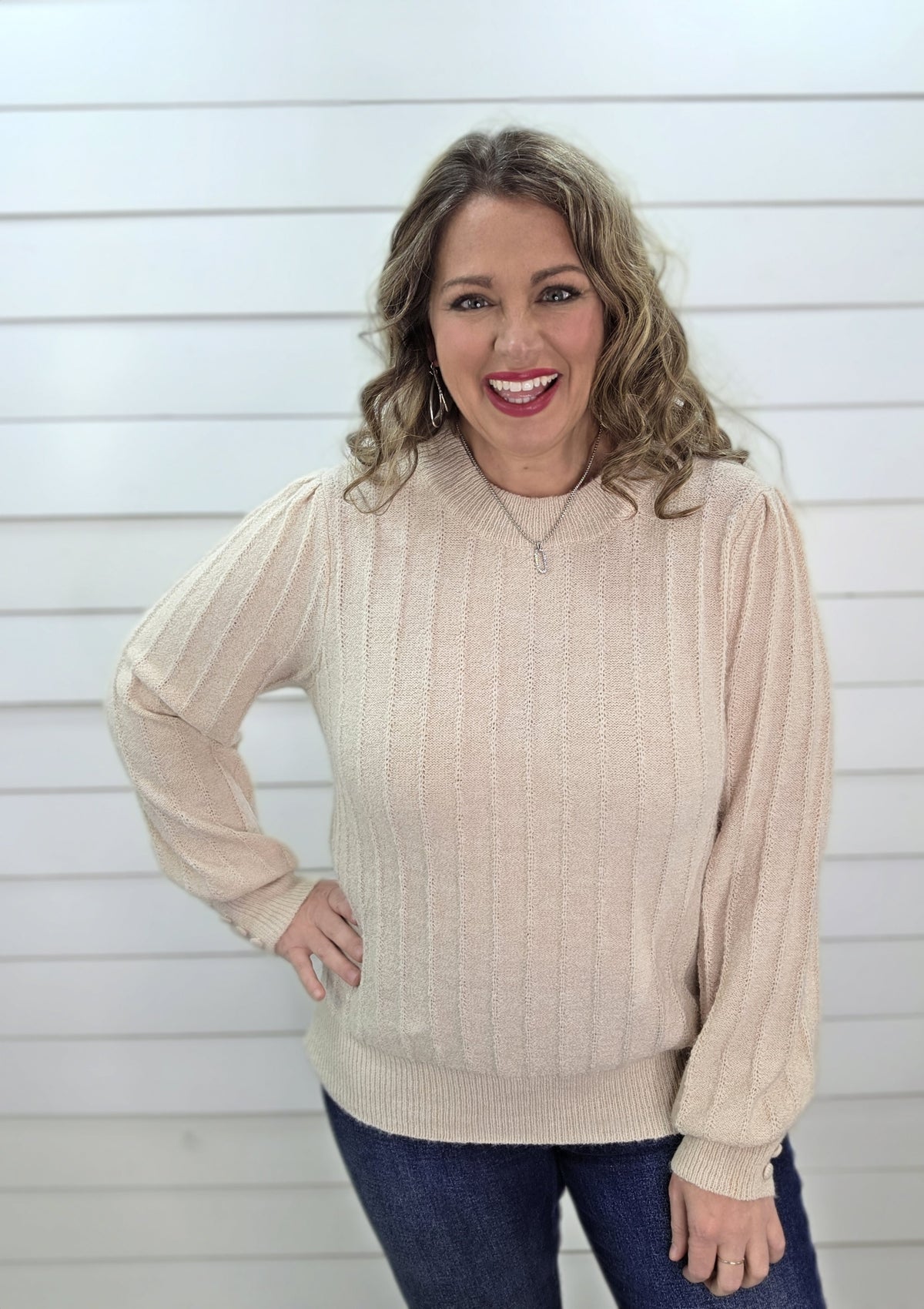 OATMEAL VERTICAL TEXTURED STRIPED BUTTON CUFF PULLOVER KNIT SWEATER