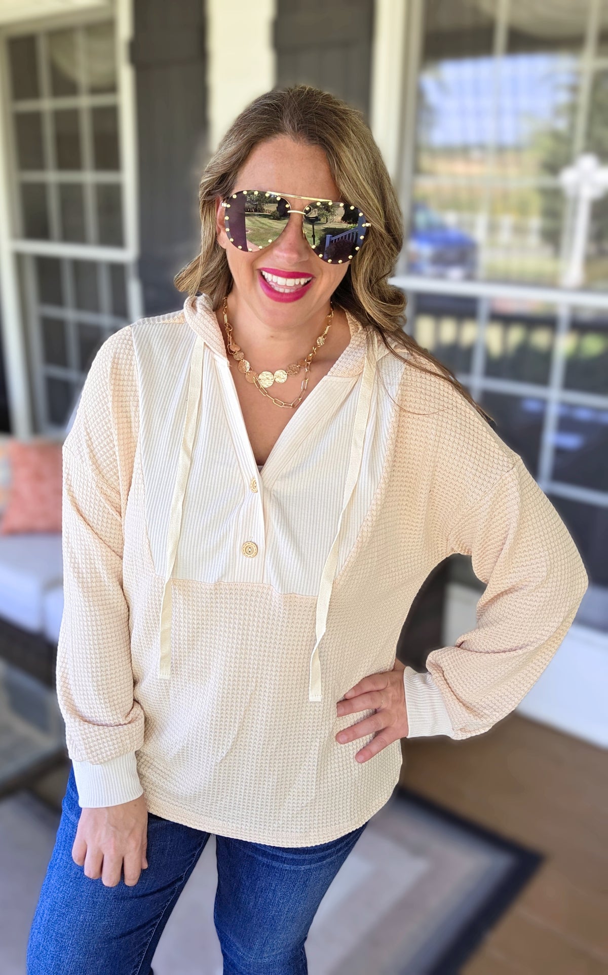 OATMEAL WAFFLE CONTRAST LIGHT WEIGHT HOODIE