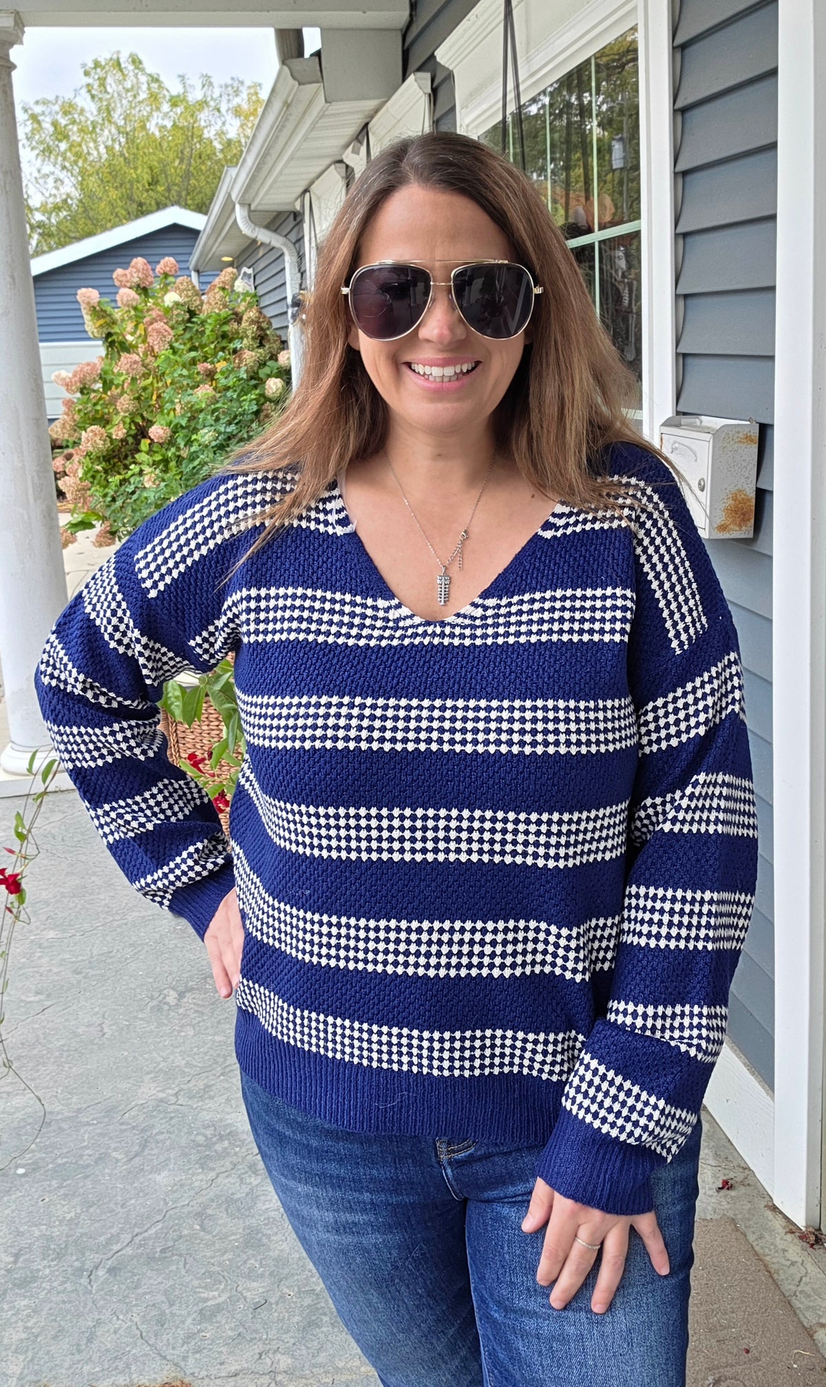 NAVY V-Neck Long Sleeve Relaxed Fit Waffle Texture Striped Pullover Sweater