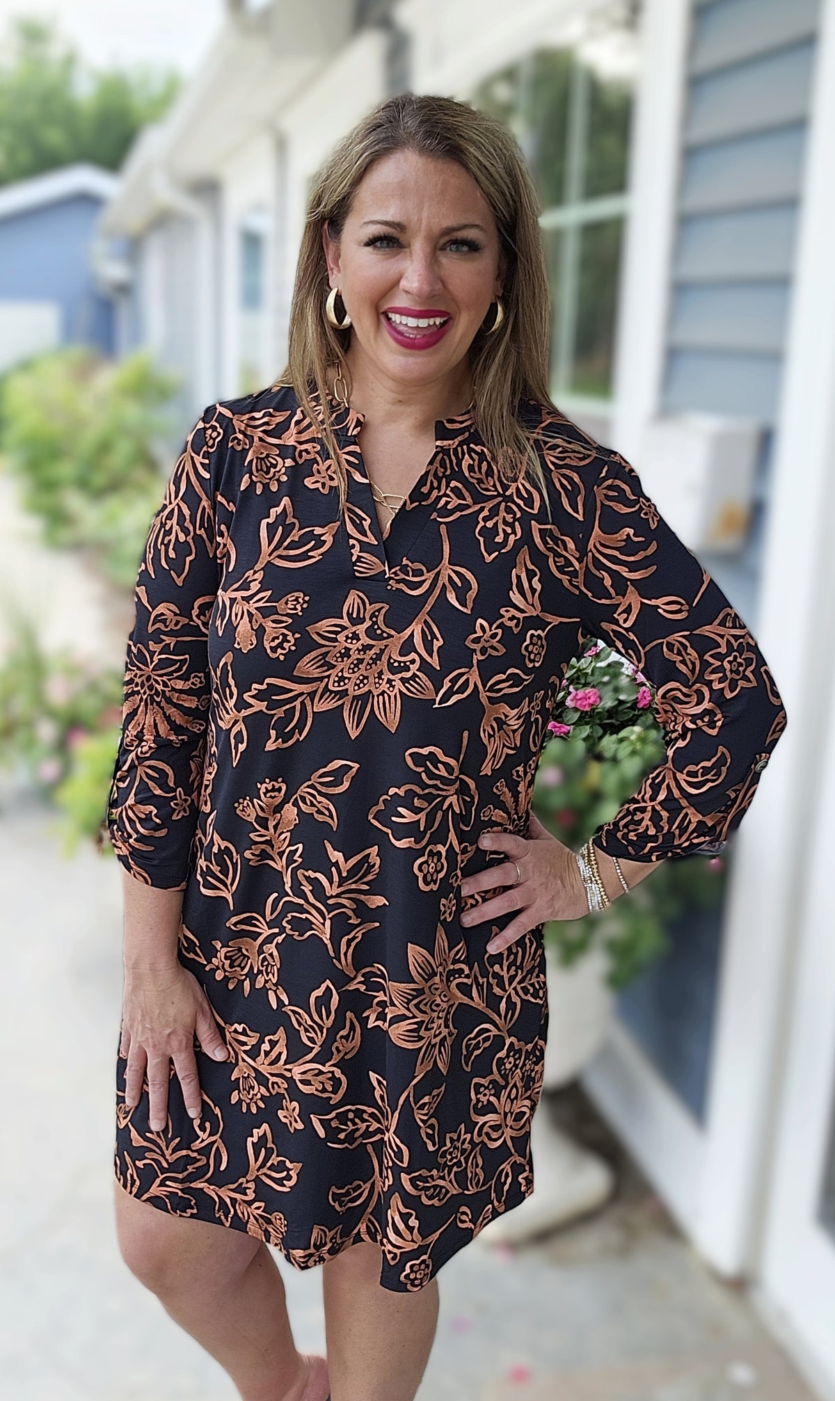 DEAR SCARLETT BLACK/RUST 3/4 SLEEVE DRESS