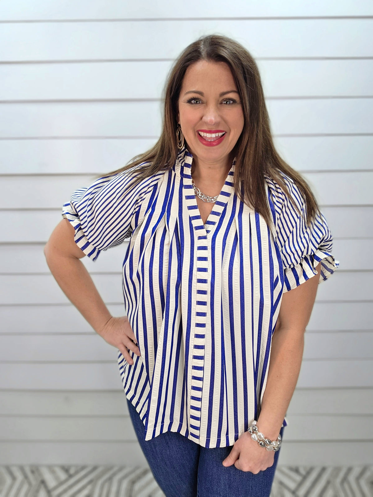 BLUE/CREAM STRIPED V NECK OVERSIZED WOVEN TOP