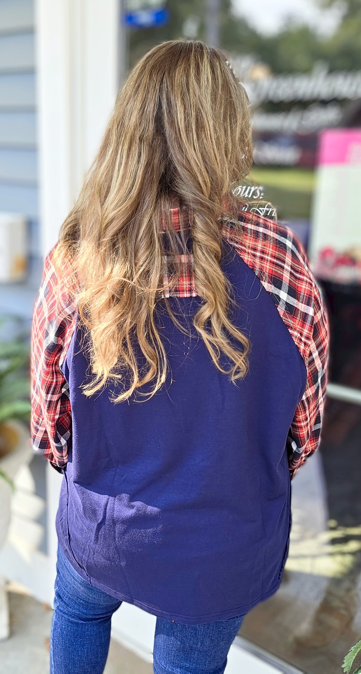 NAVY/RED PLAID CONTRAST FRENCH TERRY TOP