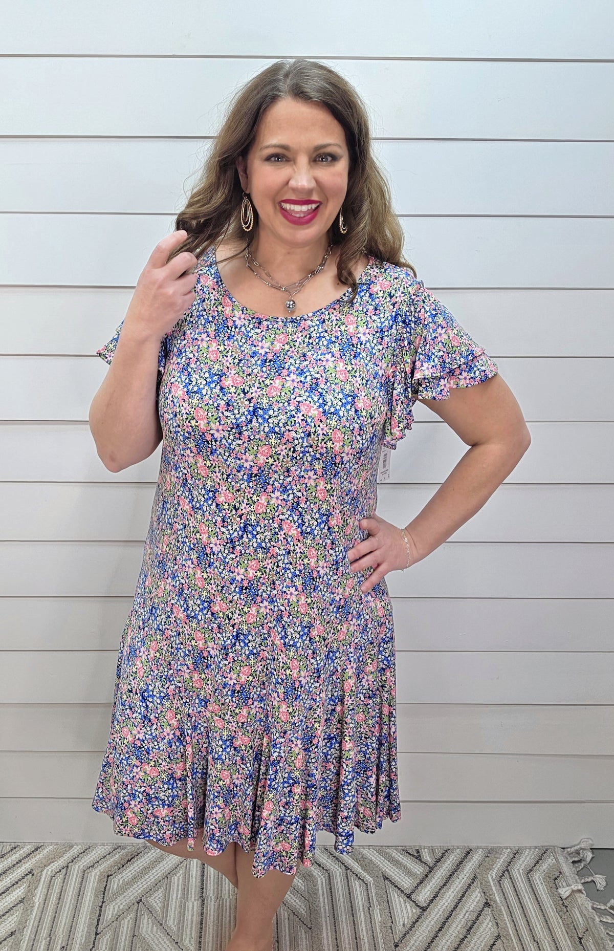 NAVY/PINK PETITE FLORAL DRESS W/ RUFFLE HEM