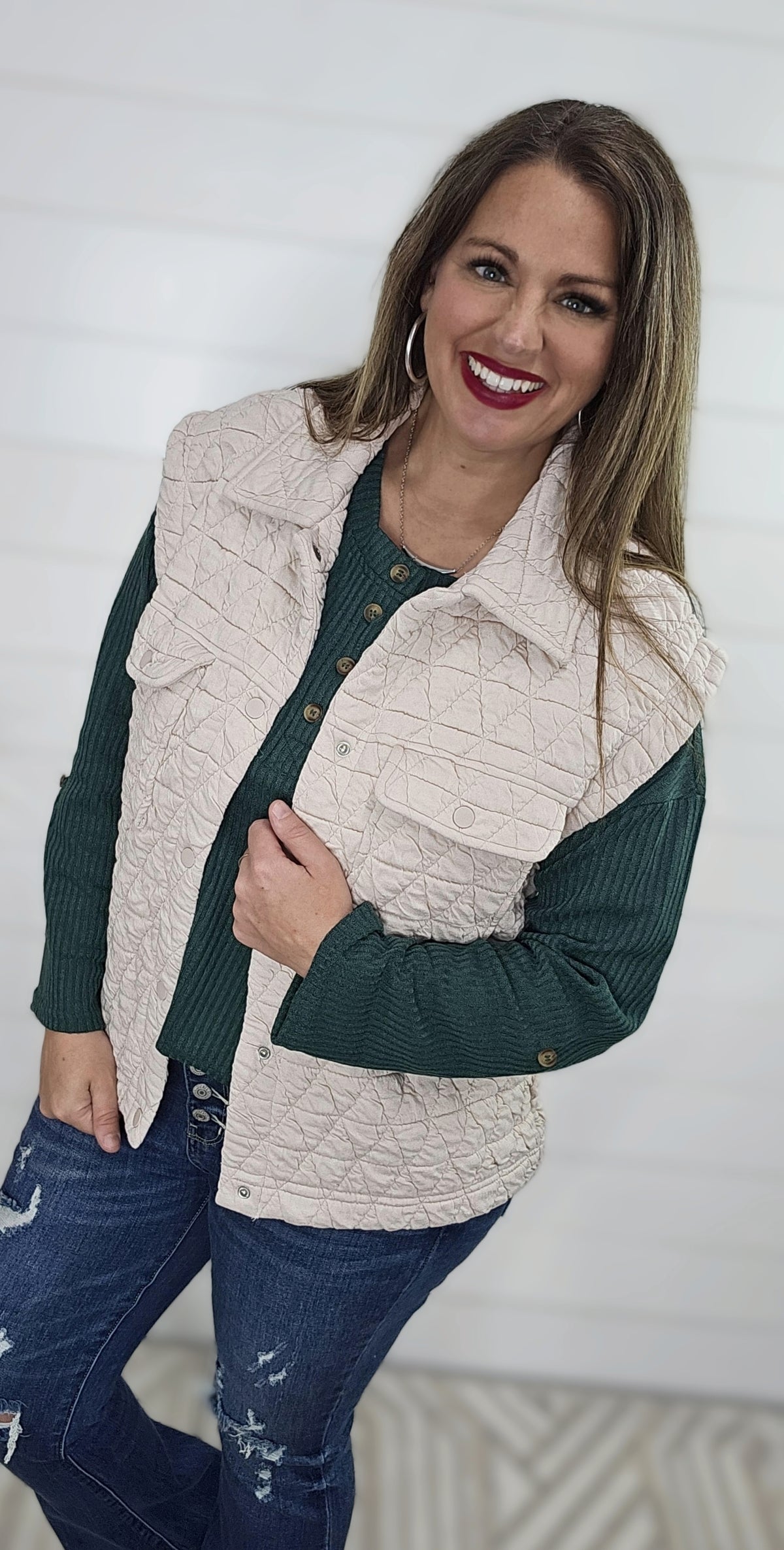 OATMEAL QUILTED SNAP BUTTON VEST