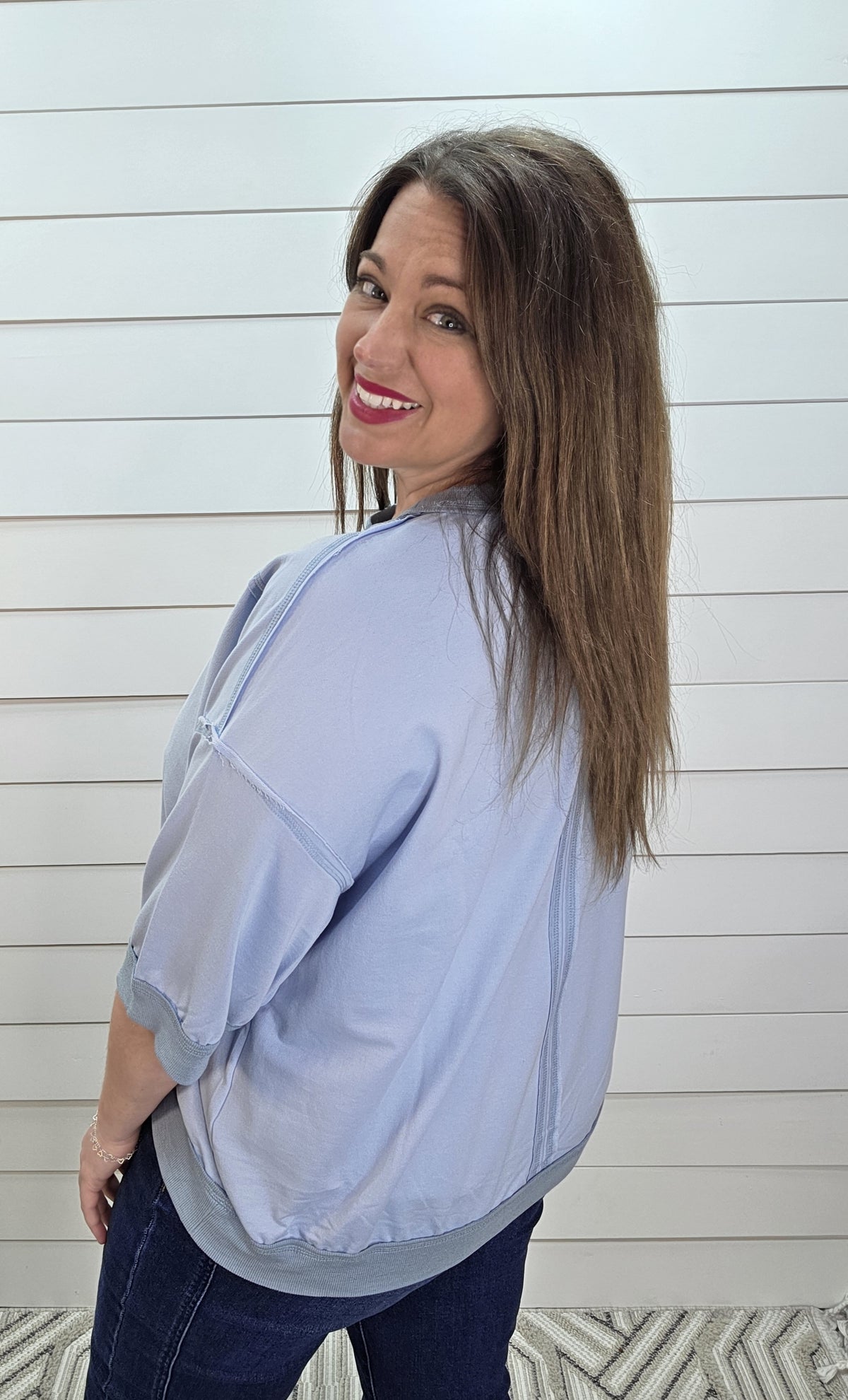 SKY BLUE CONTRAST TRIM RAGLAN SHORT SLEEVE KNIT TOP
