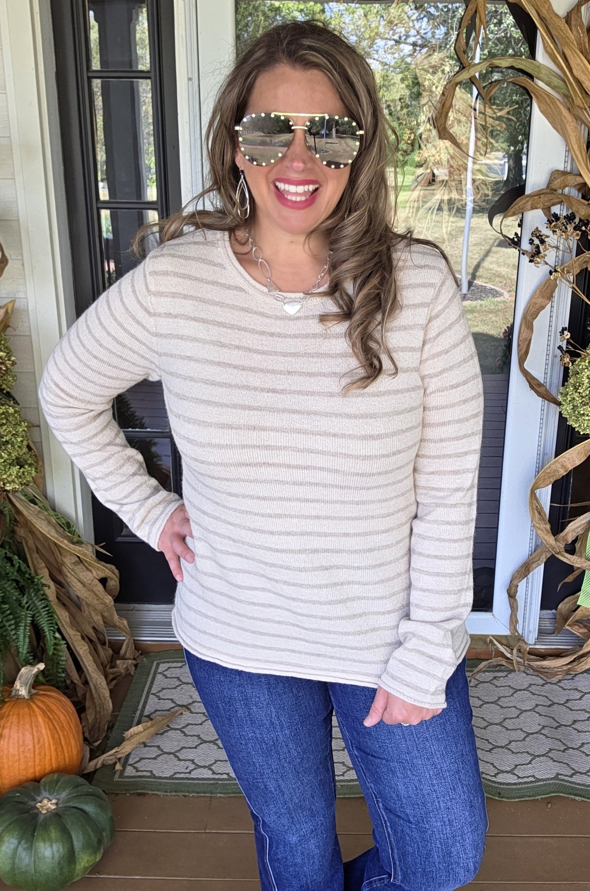 OATMEAL/TAUPE STRIPED KNIT SWEATER