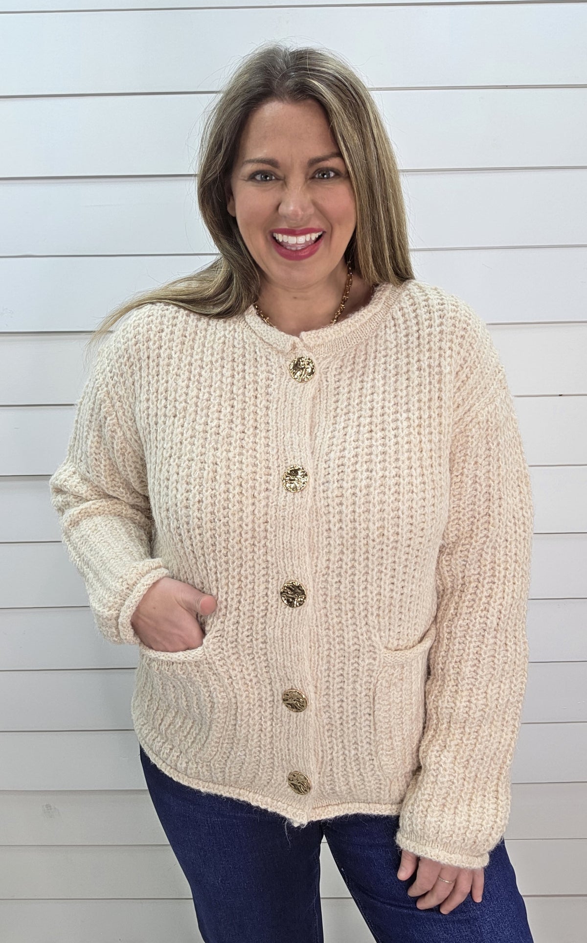 OATMEAL CHUNKY BUTTON DOWN SWEATER