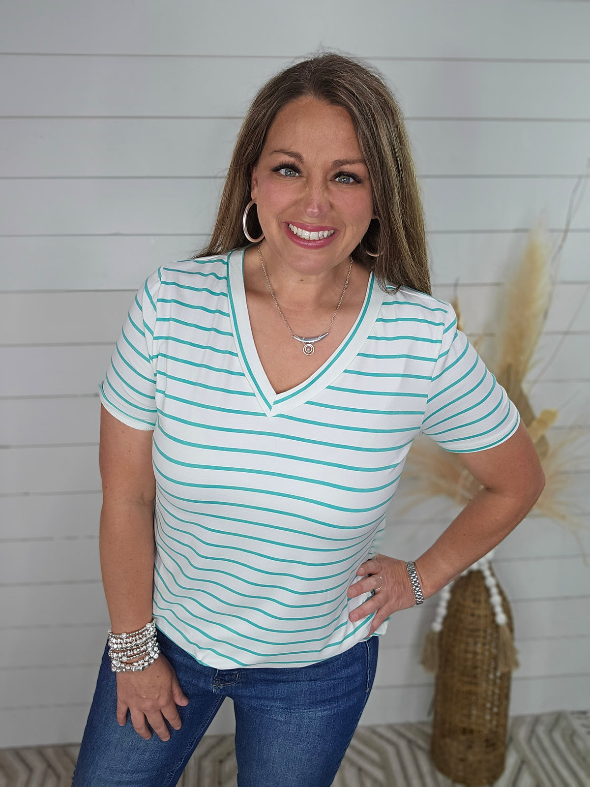 MINT STRIPED BUTTER SOFT V NECK TOP