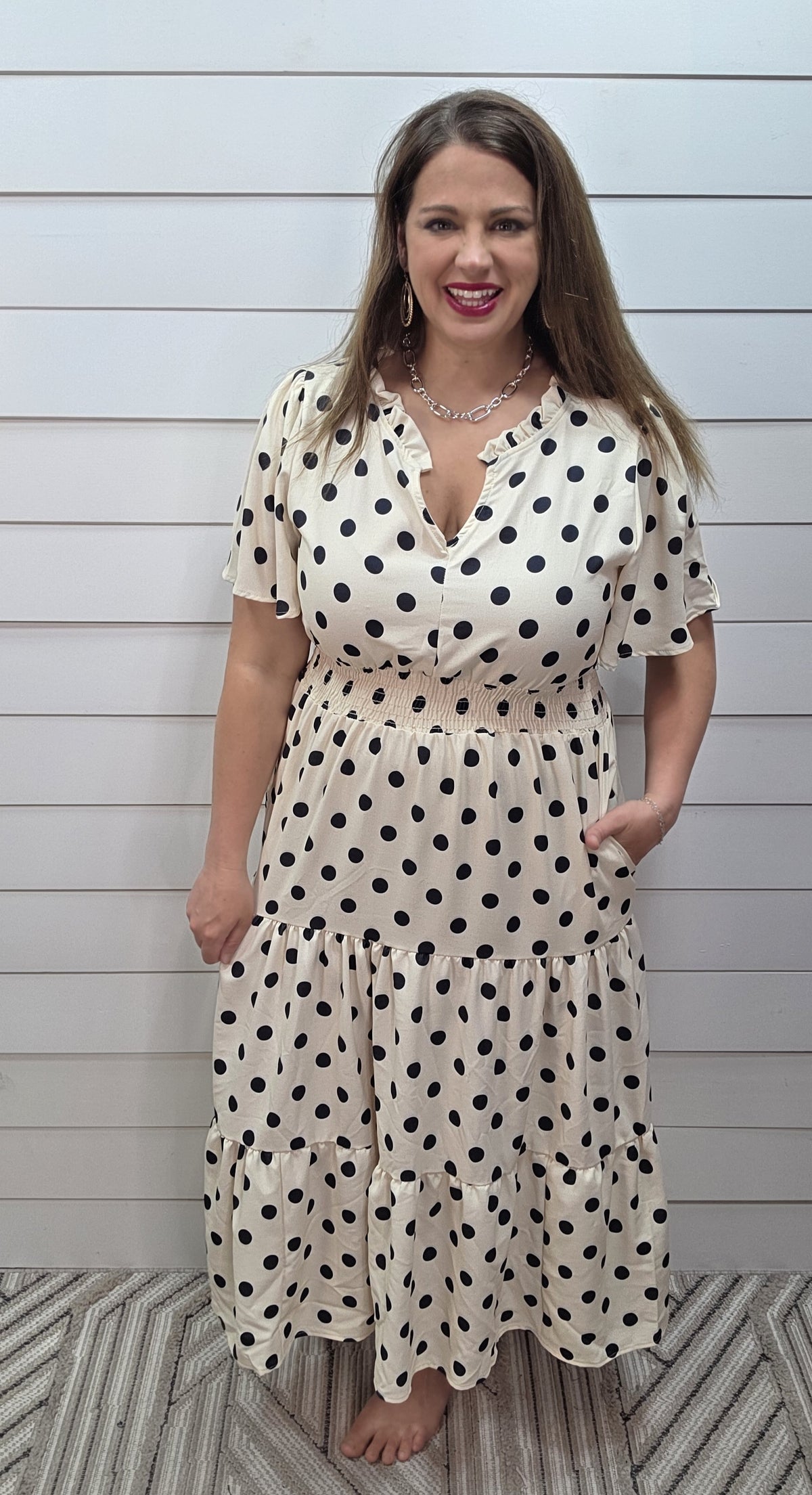 IVORY/BLACK DOT ELASTIC WASIT LONG DRESS