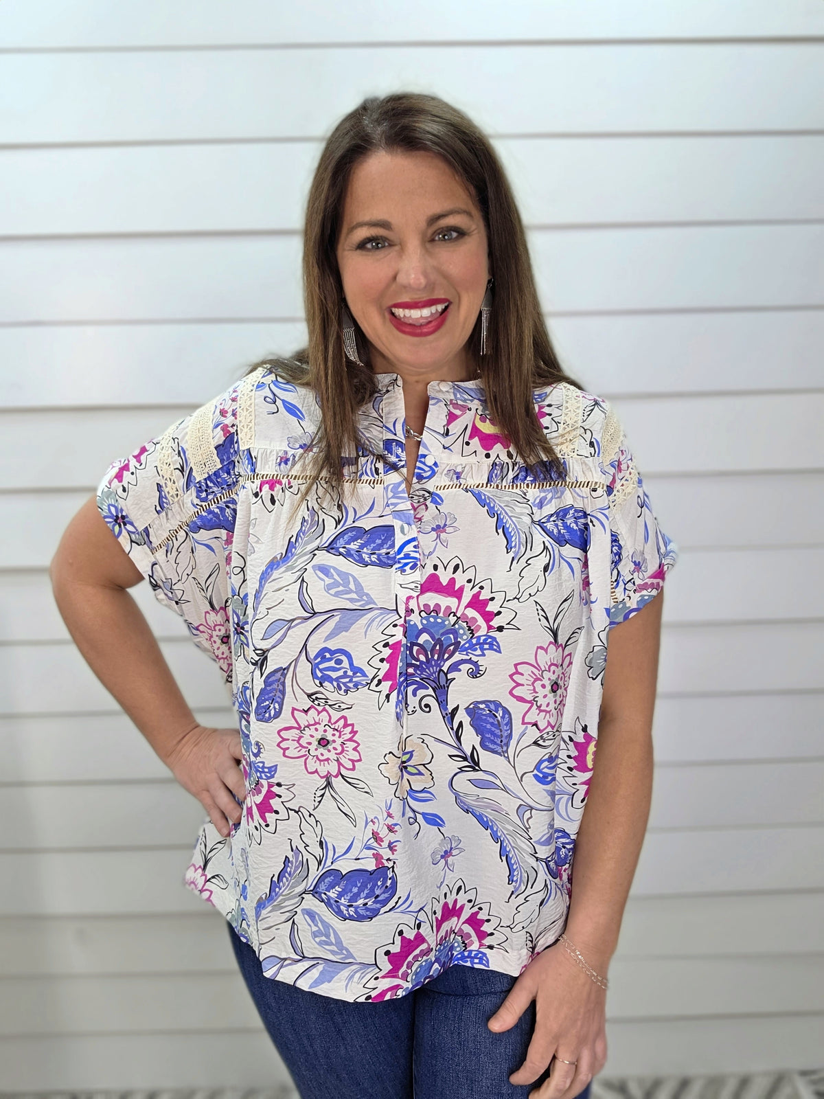 BLUE/PINK FLORAL MIX W/ LACE TRIM WOVEN TOP