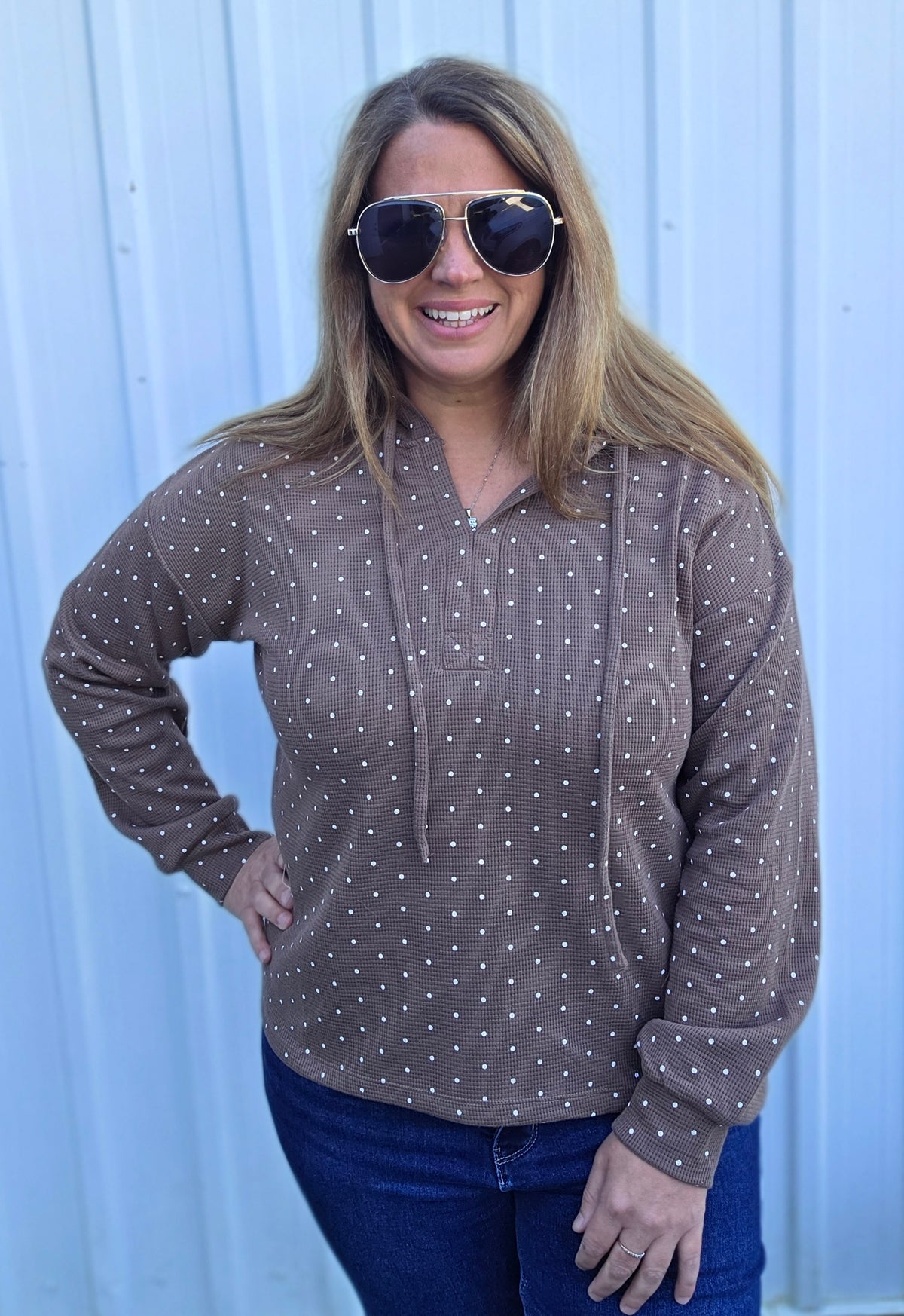 Coffee Drawstring Y Split Neck, Long Sleeve, Polka Dot Printed Light Weight Hoodie