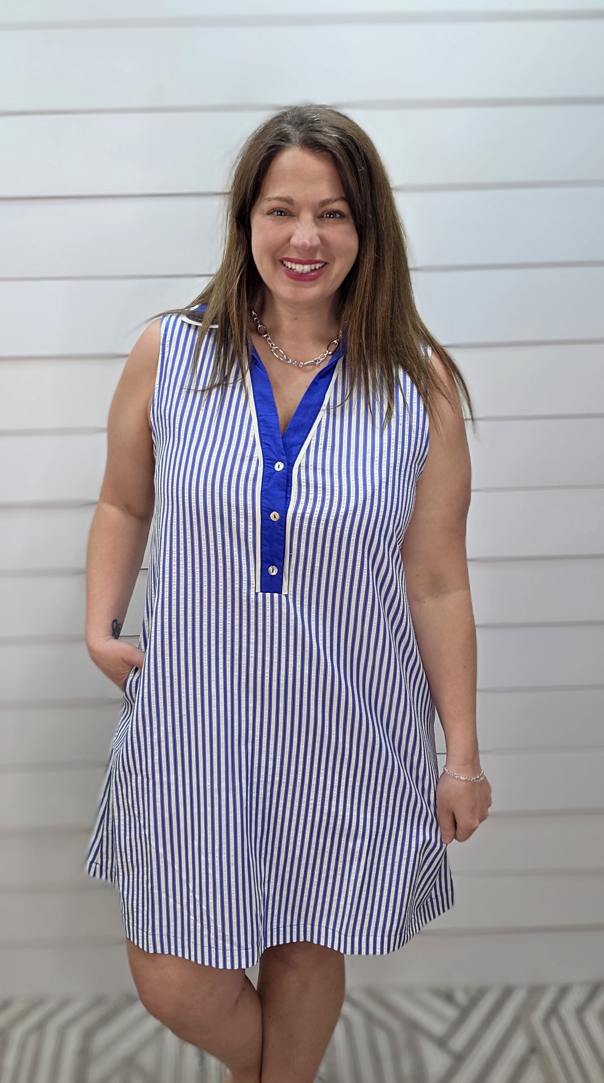 BLUE COLLARED NECKLINE SIDE POCKET STRIPED WOVEN DRESS