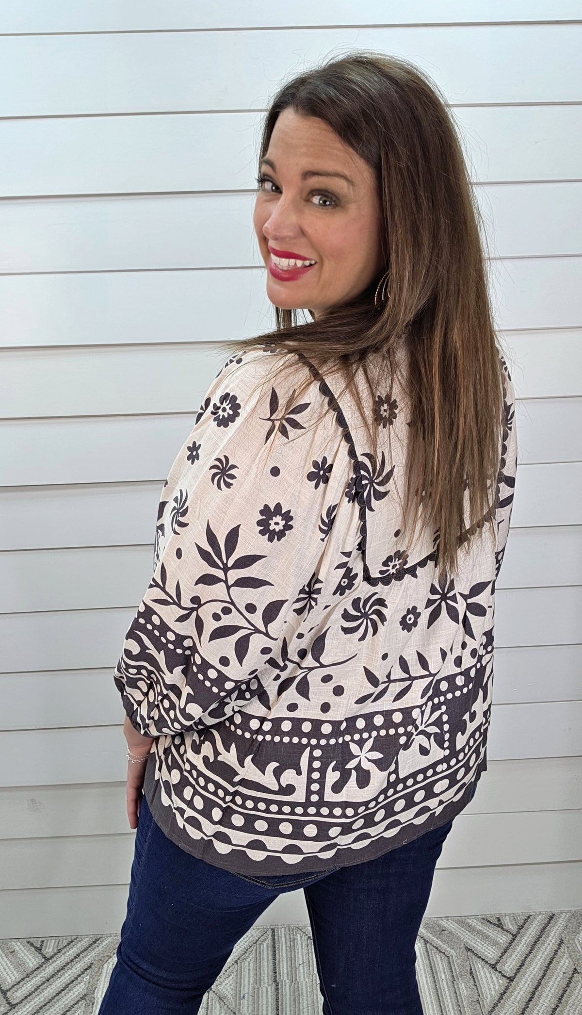 ASH MOCHA PRINTED 3/4 SLEEVE WOVEN TOP