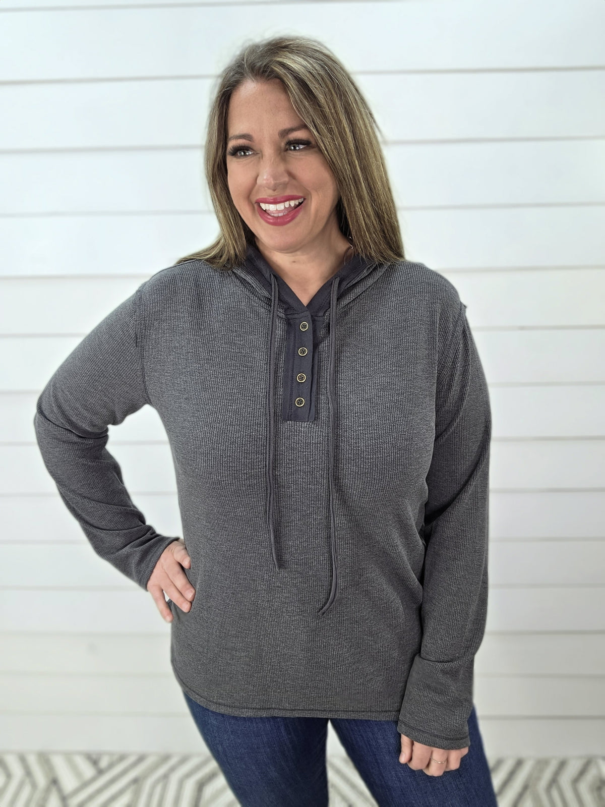 CHARCOAL BUTTON HENLEY KNIT TOP W/ SUEDE CONTRAST