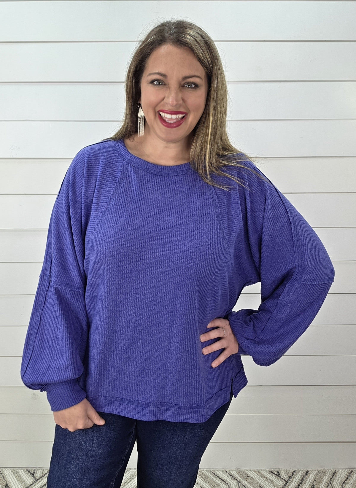 INDIGO BRUSHED KNIT OVERSIZED KNIT TOP