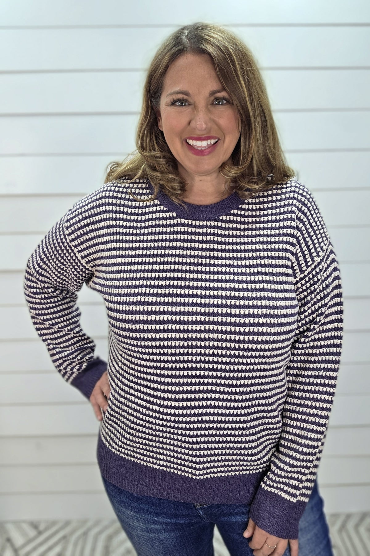 EGGPLANT Color Trimmed Long Sleeve 2 Tone Waffle Striped Crew Neck Pullover Sweater