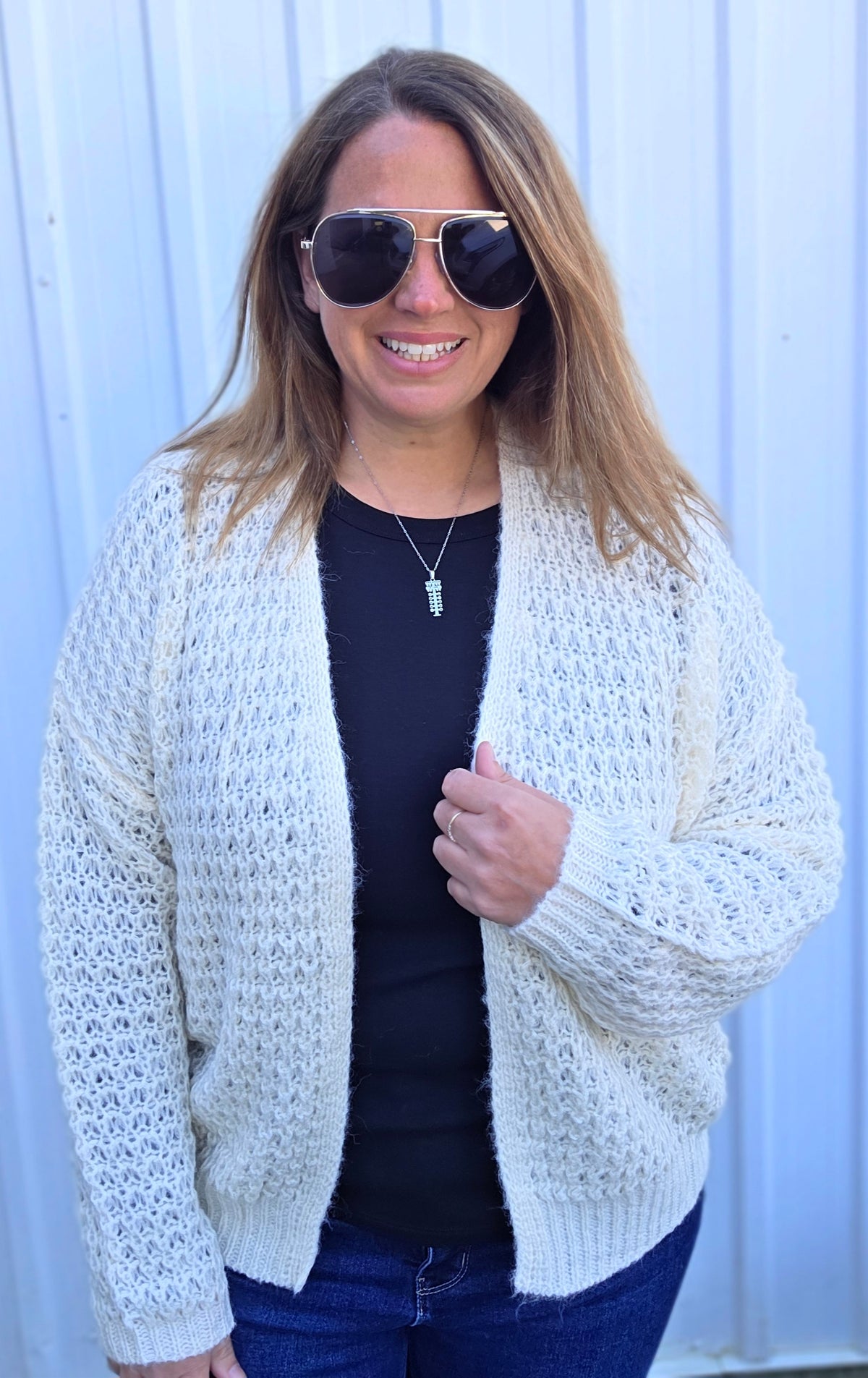 Ivory Open Front, Long Sleeve, Open Weave Waffle Textured Cardigan